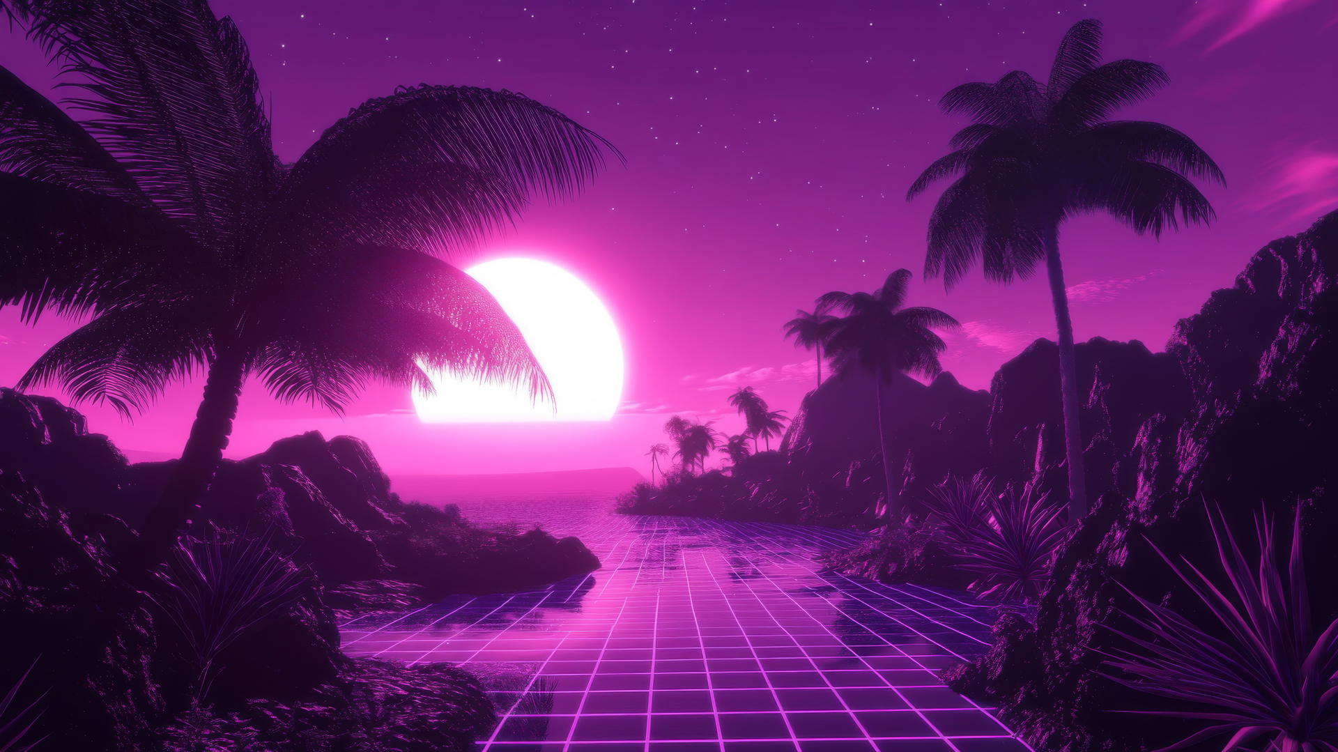 aesthetic purple wallpaper with retro gridlines, neon palm trees, and glowing setting sun