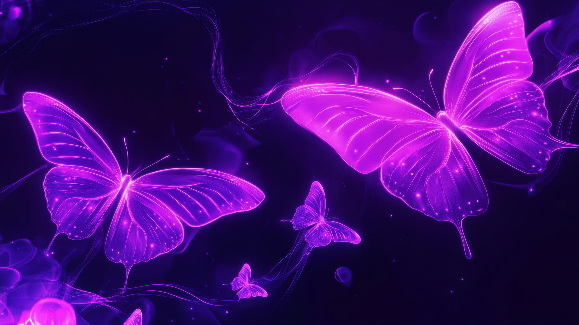 neon purple butterflies glowing against a black background with light trails
