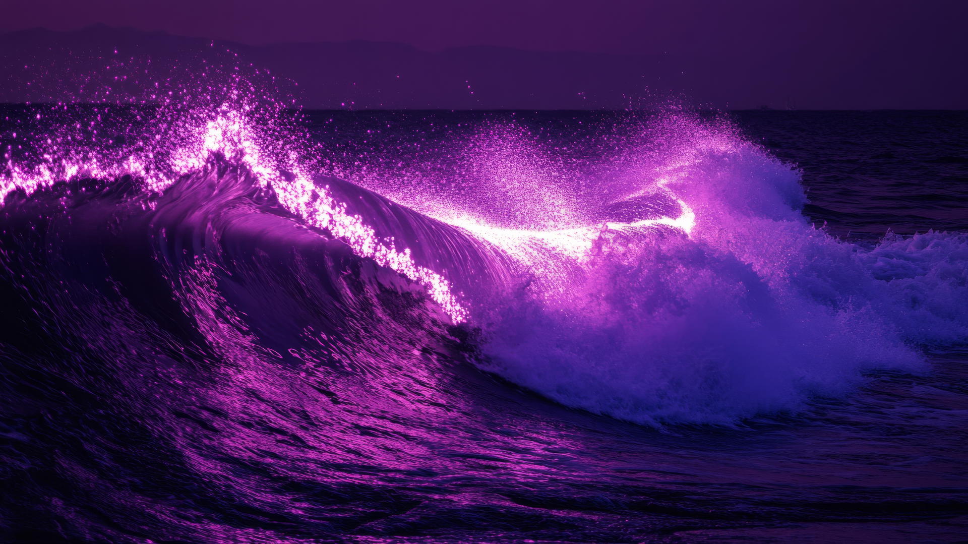 Neon purple aesthetic wallpaper of a wave crashing against a dark shore with electric sparks.