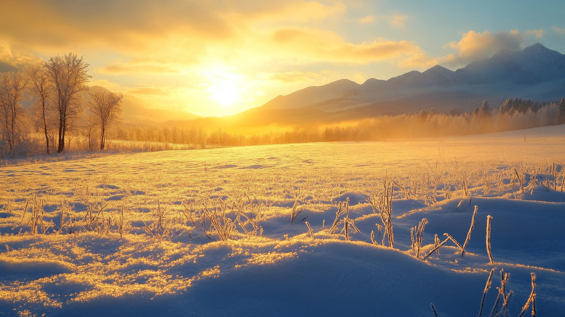 winter wallpaper with a peaceful sunrise over snow-covered field and distant mountains