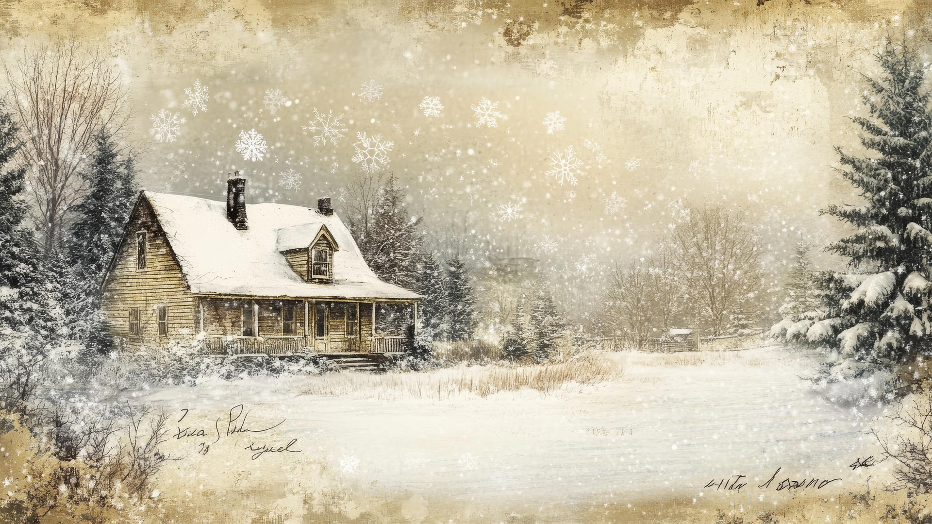 A nostalgic winter aesthetic wallpaper featuring a cozy cottage and falling snowflakes.