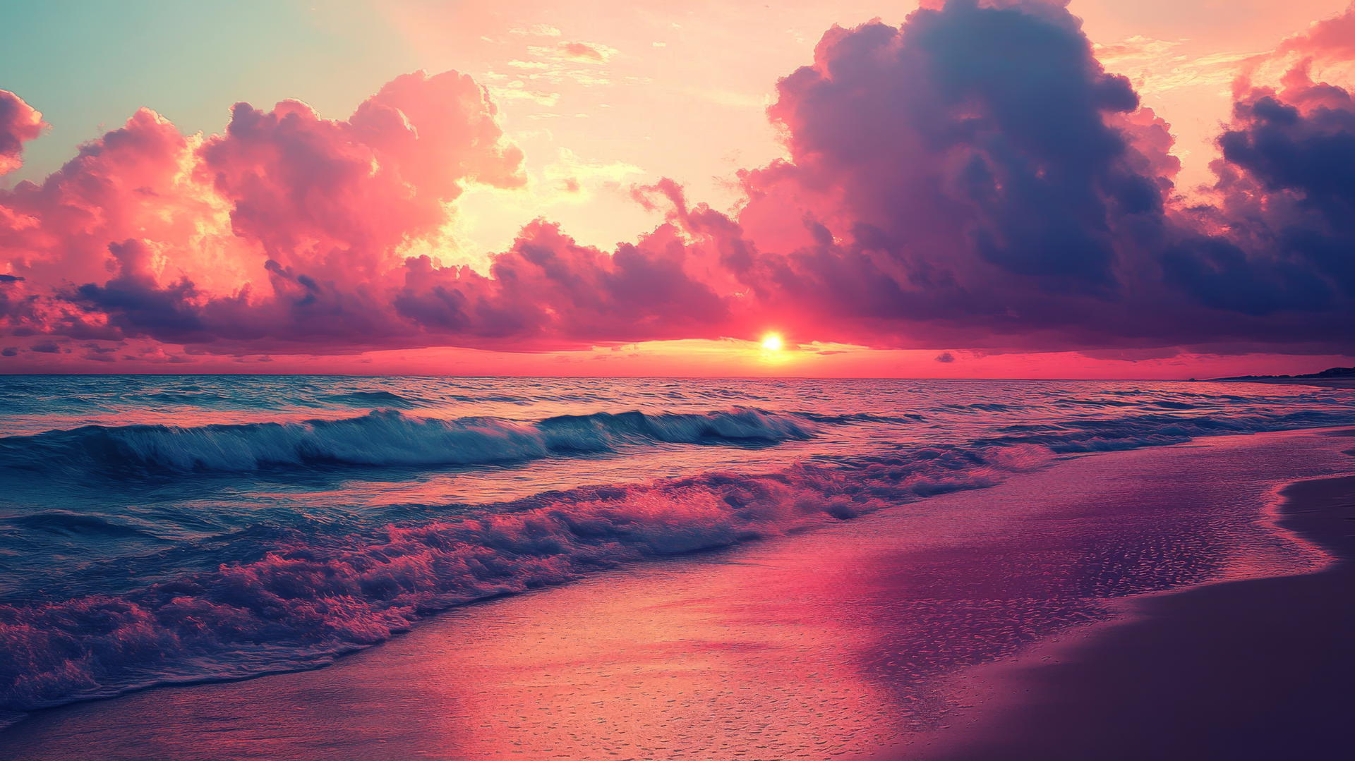Sunset beach wallpaper with pink and purple sky, waves catching soft light