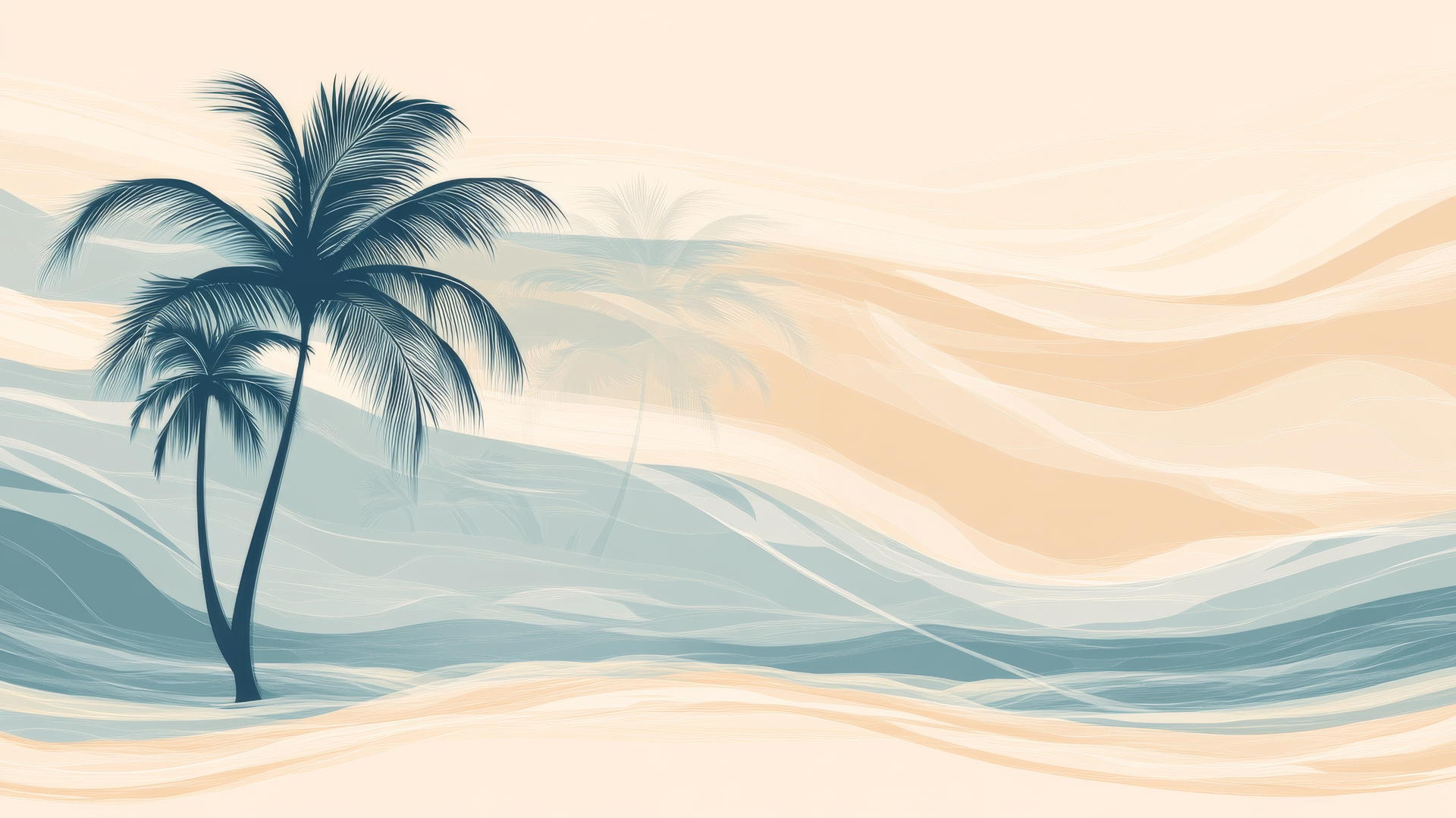 beach themed wallpaper with minimalist design, soft colors, palm trees, and abstract waves