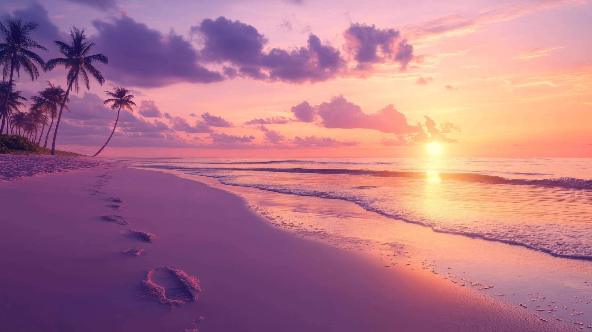 sunset background beach wallpaper with palm trees and footprints