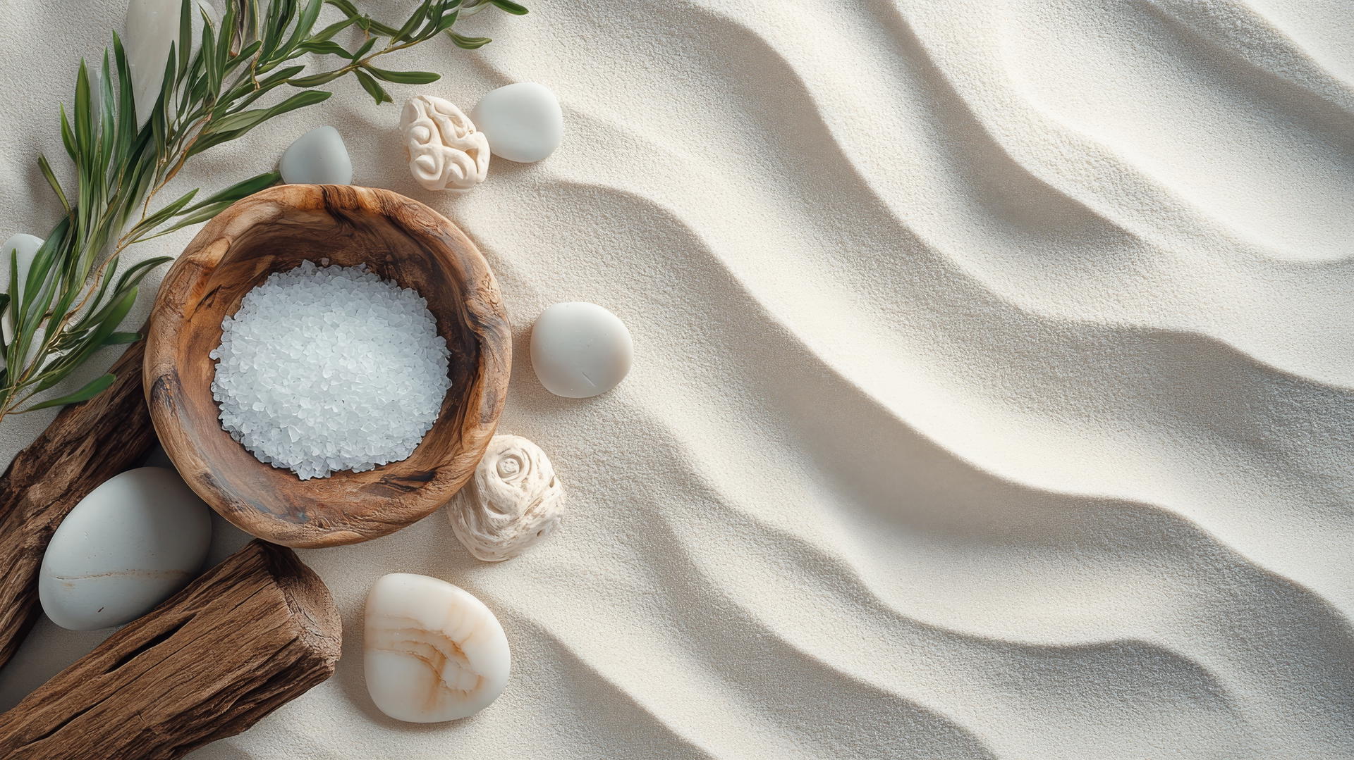 boho beach aesthetic with driftwood, stones, seafoam on sand, beach wallpaper aesthetic