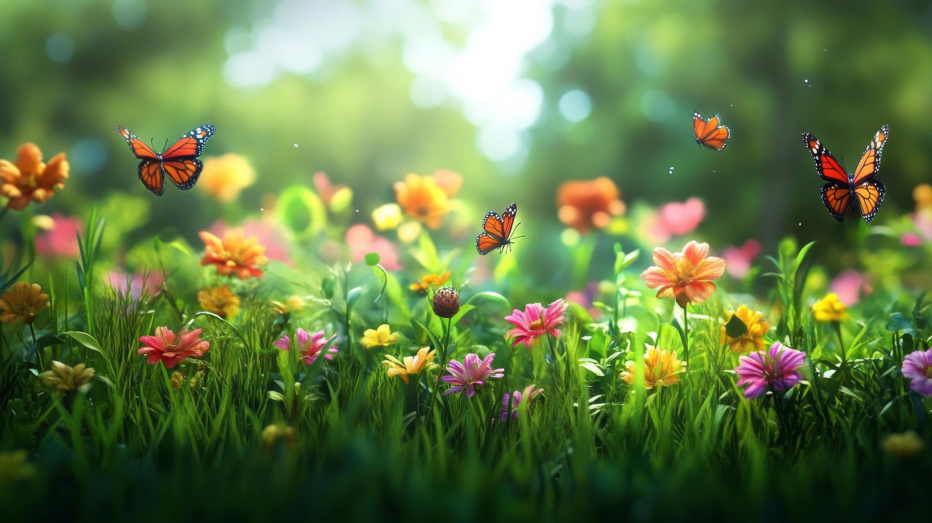 vibrant flower garden with butterflies and bees, spring background wallpaper