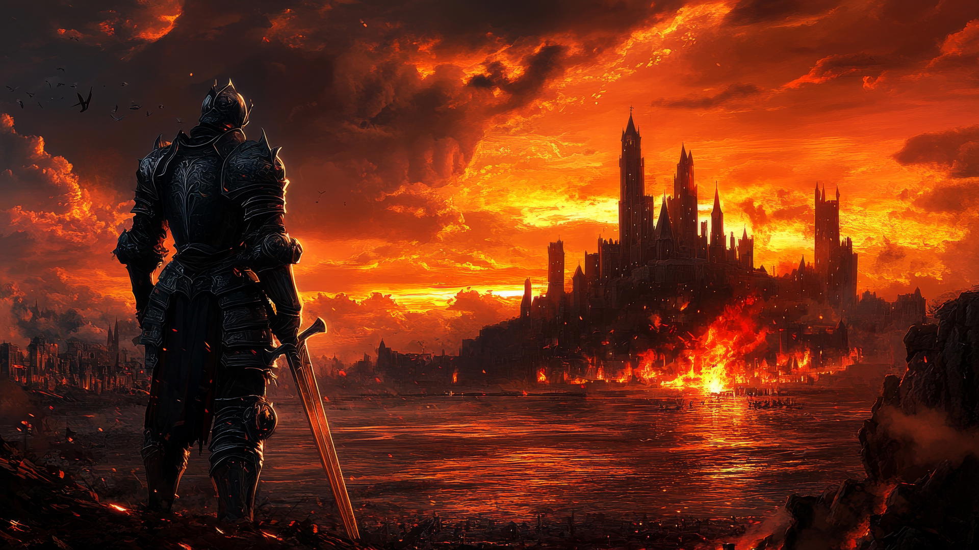 cool wallpapers for boys featuring a heroic knight in armor on a battlefield with a fiery sunset and castles