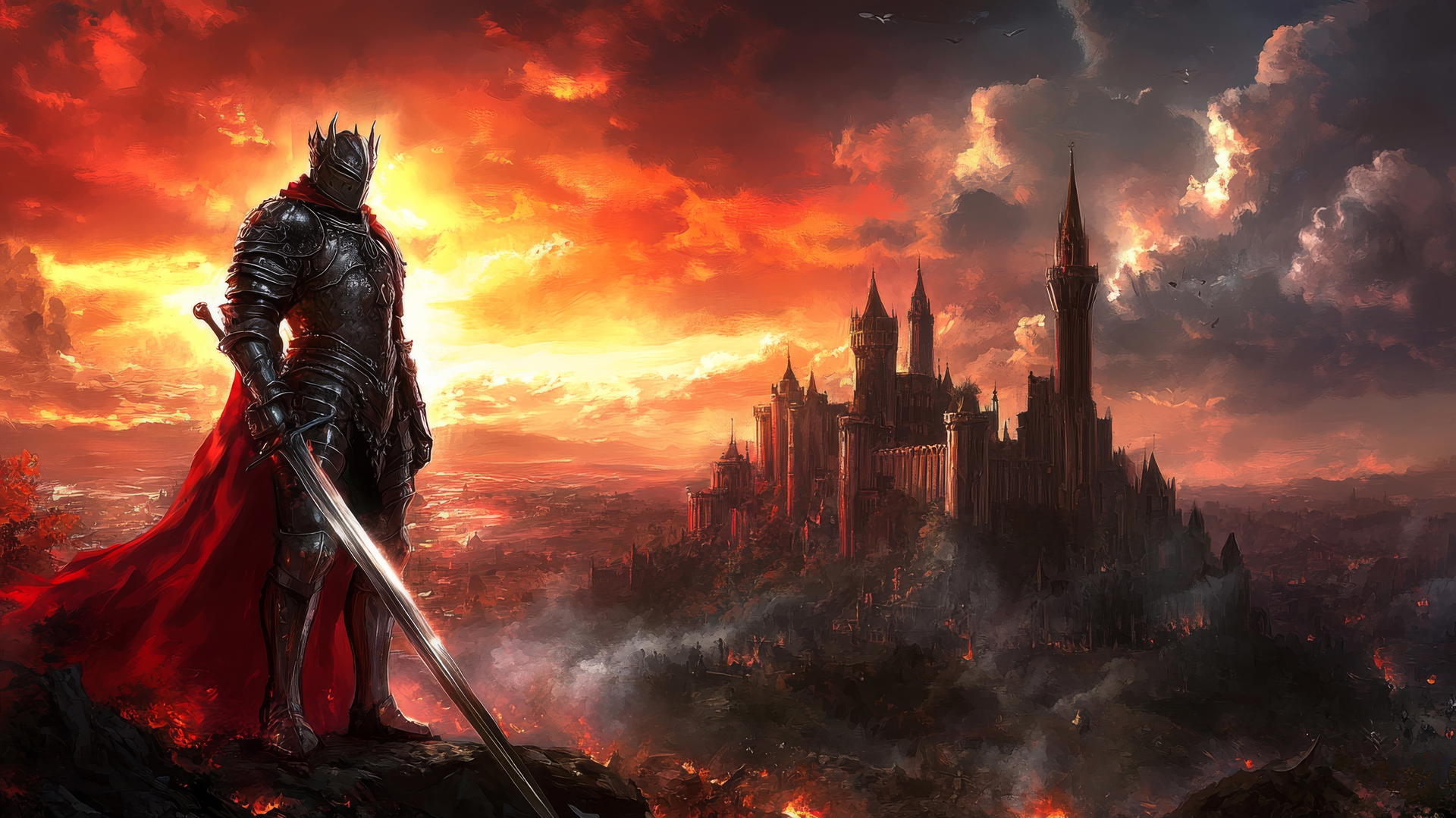 A heroic knight in shining armor stands tall on a battlefield with a fiery sunset and towering castles in the background, cool wallpapers for boys.