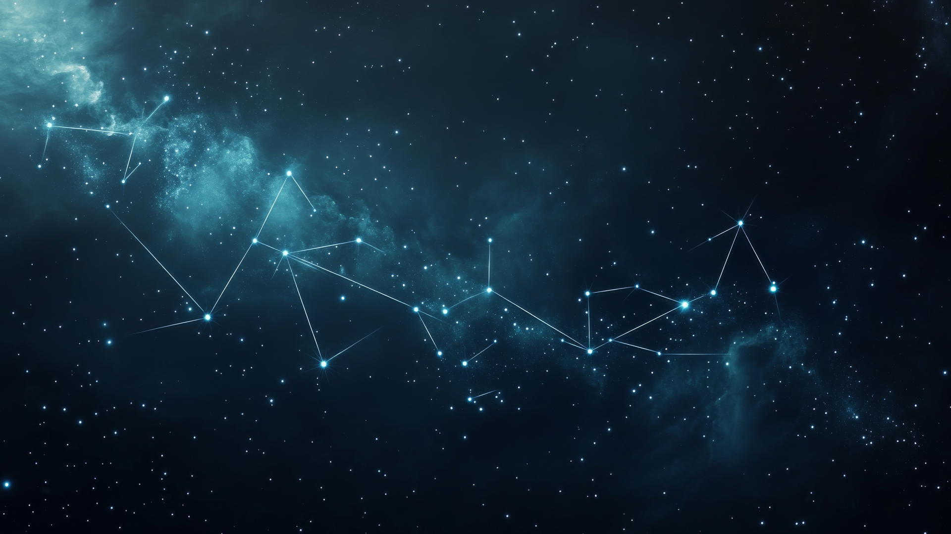 Glowing constellations with simple lines forming shapes in a dark sky.