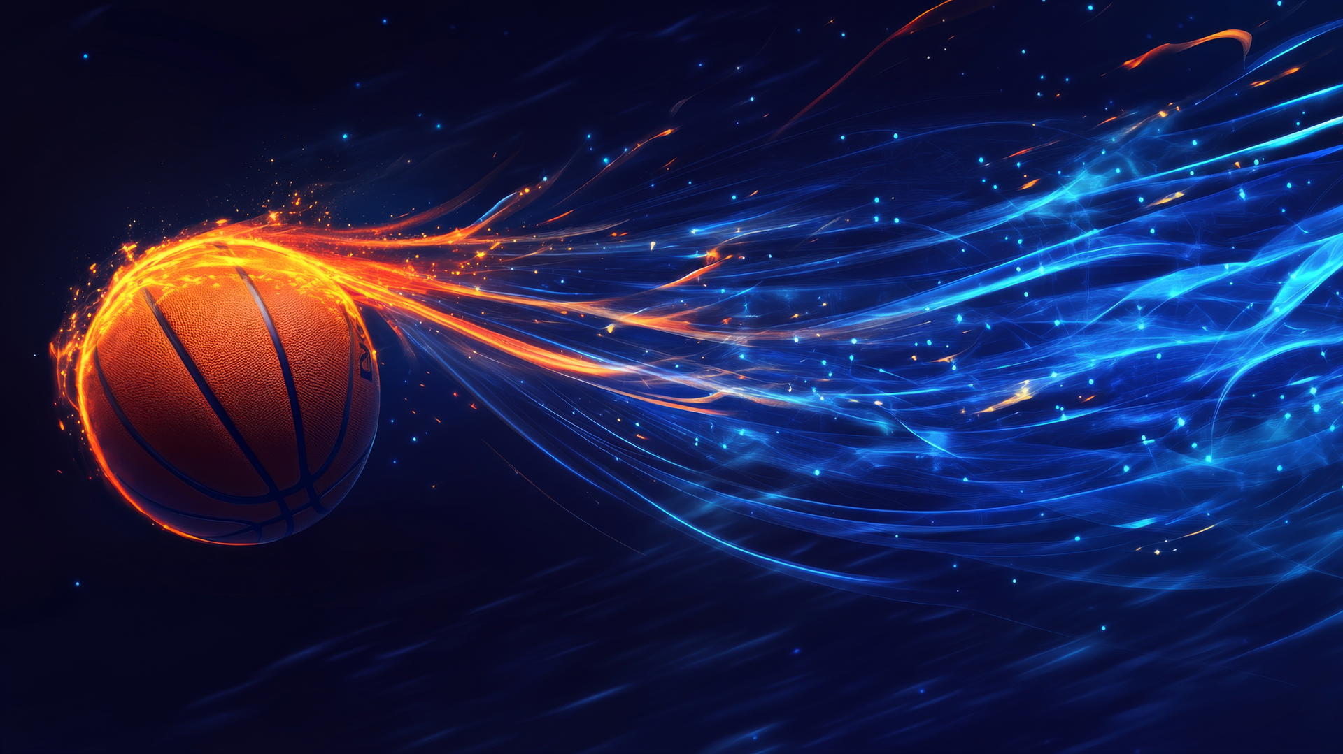Glowing basketball with motion trails flying towards the basket