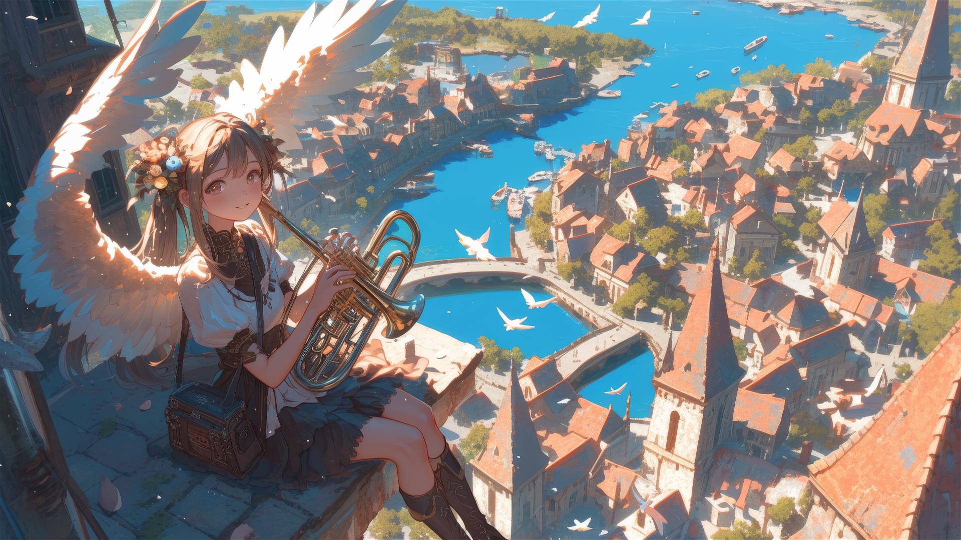 Aerial view of a fairy playing a euphonium.
