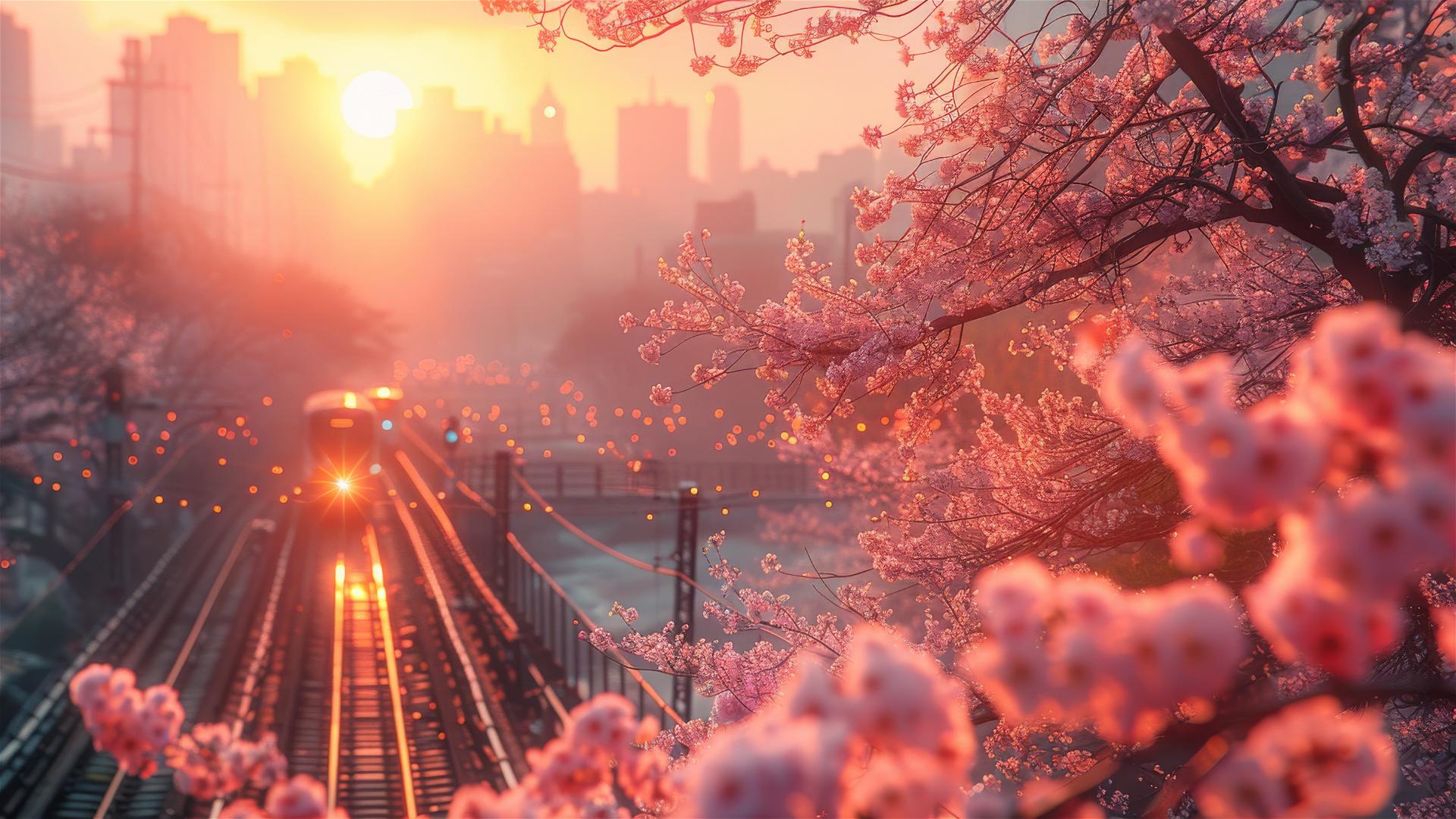 Long train in spring with peach blossoms and soft light