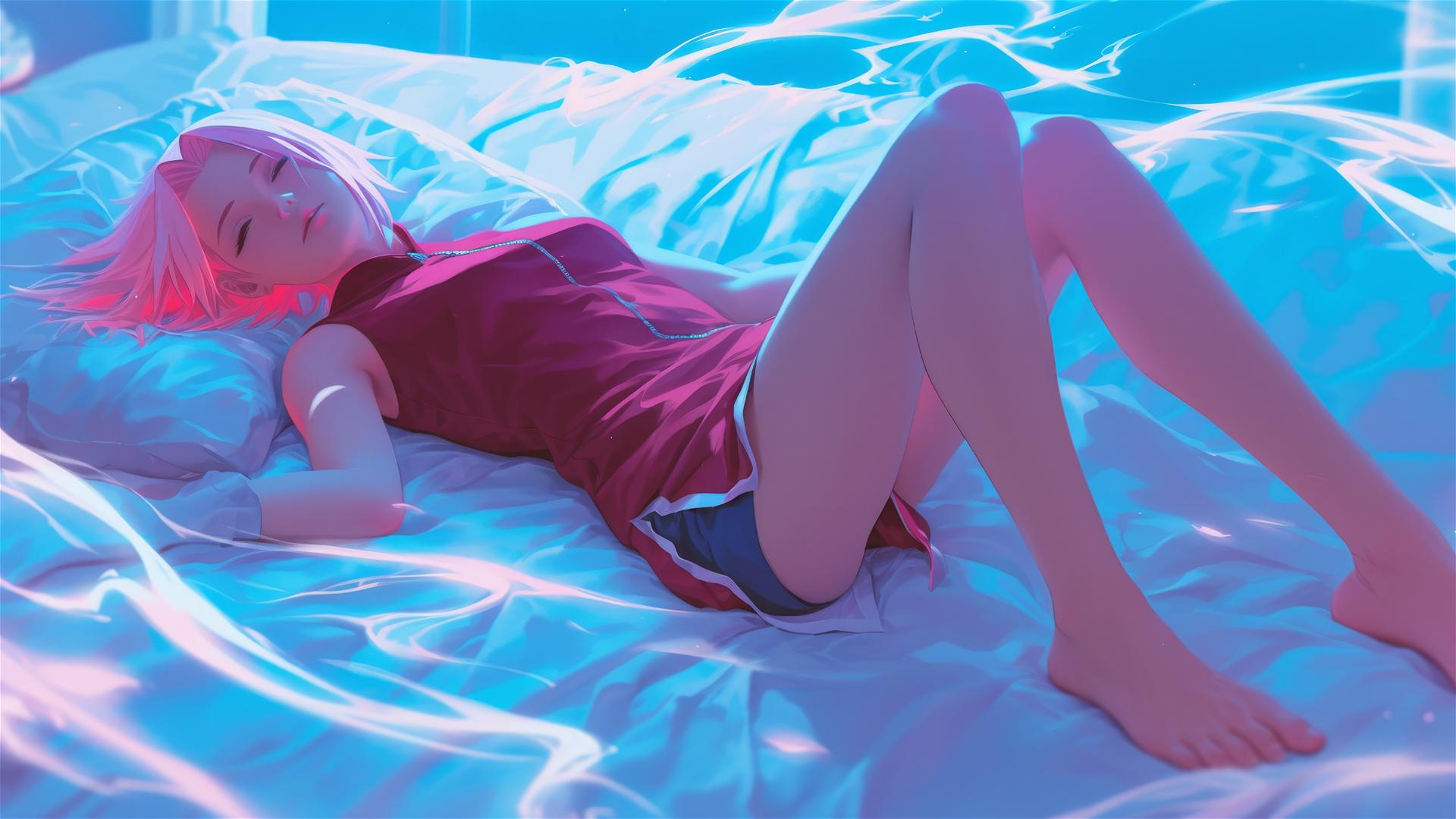Sakura Haruno lying in bed with neon swirls in a hyper-realistic anime style.