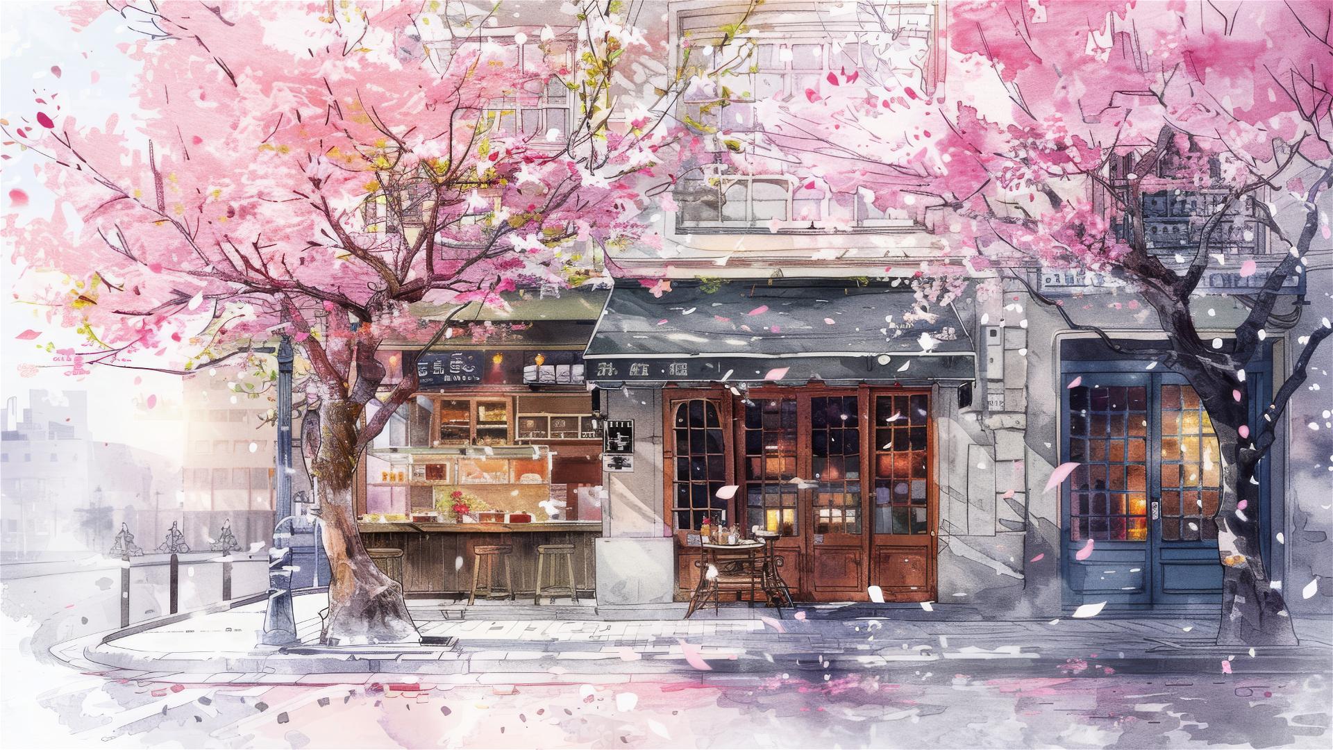 Watercolor of a European coffee shop with cherry trees in bloom.