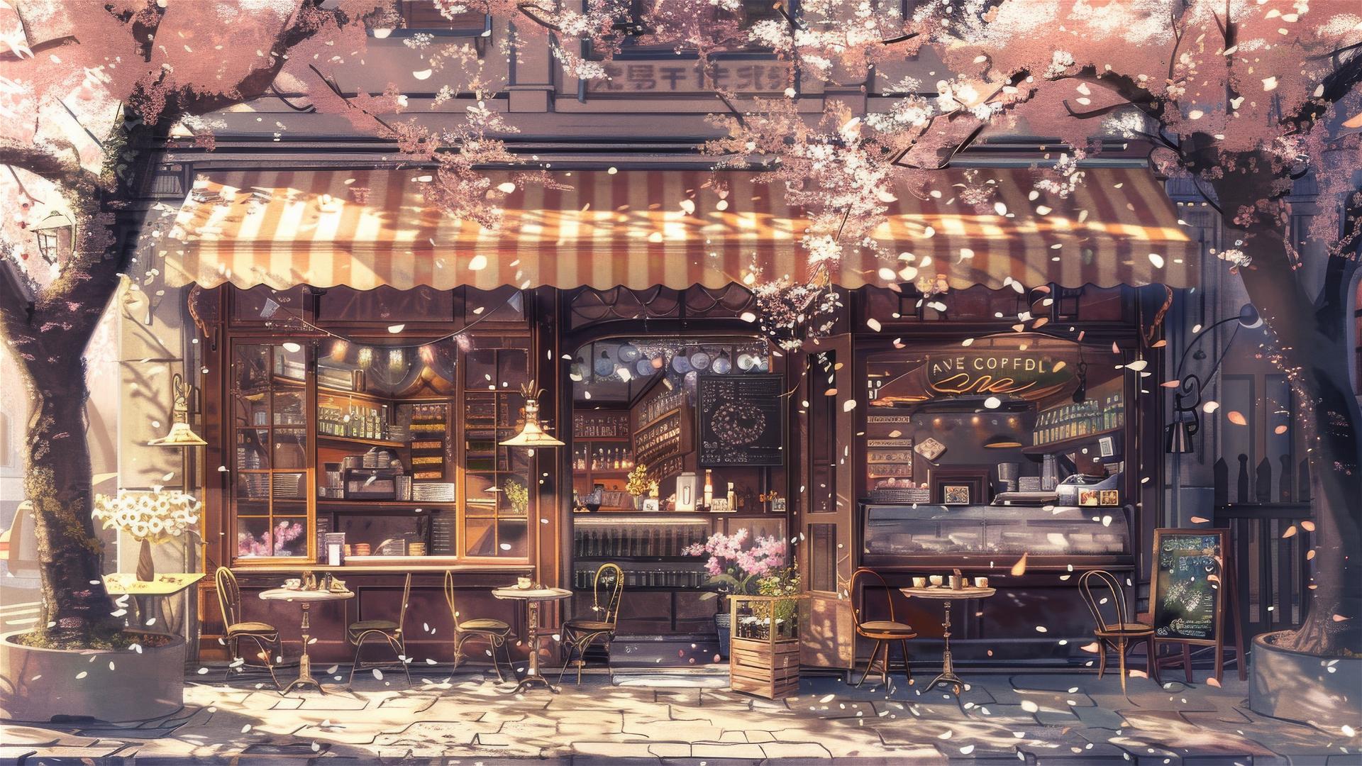 Watercolor painting of a European coffee shop with cherry trees in bloom.