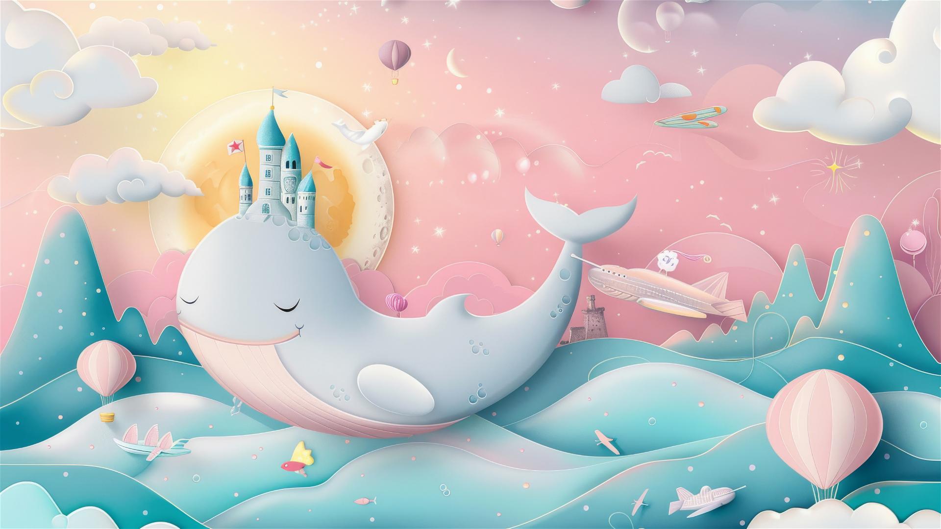Fantasy scene with whale castle, pastel sky, balloons, and planes.