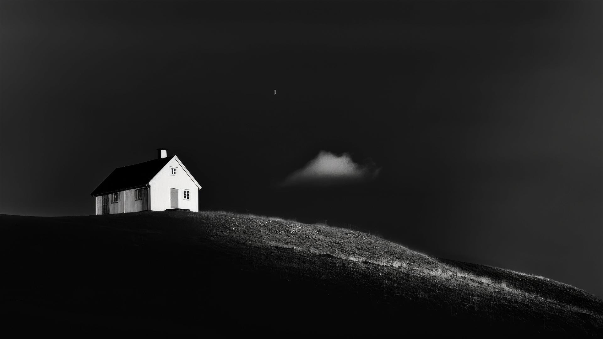 White house on a hill with a black sky and a single cloud, in Bertil Nilsson and Felicia Simion style.