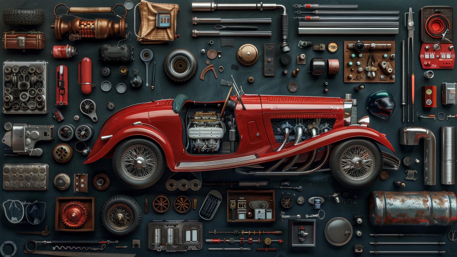 Hyperrealistic knolling of Horch car parts under studio lighting.