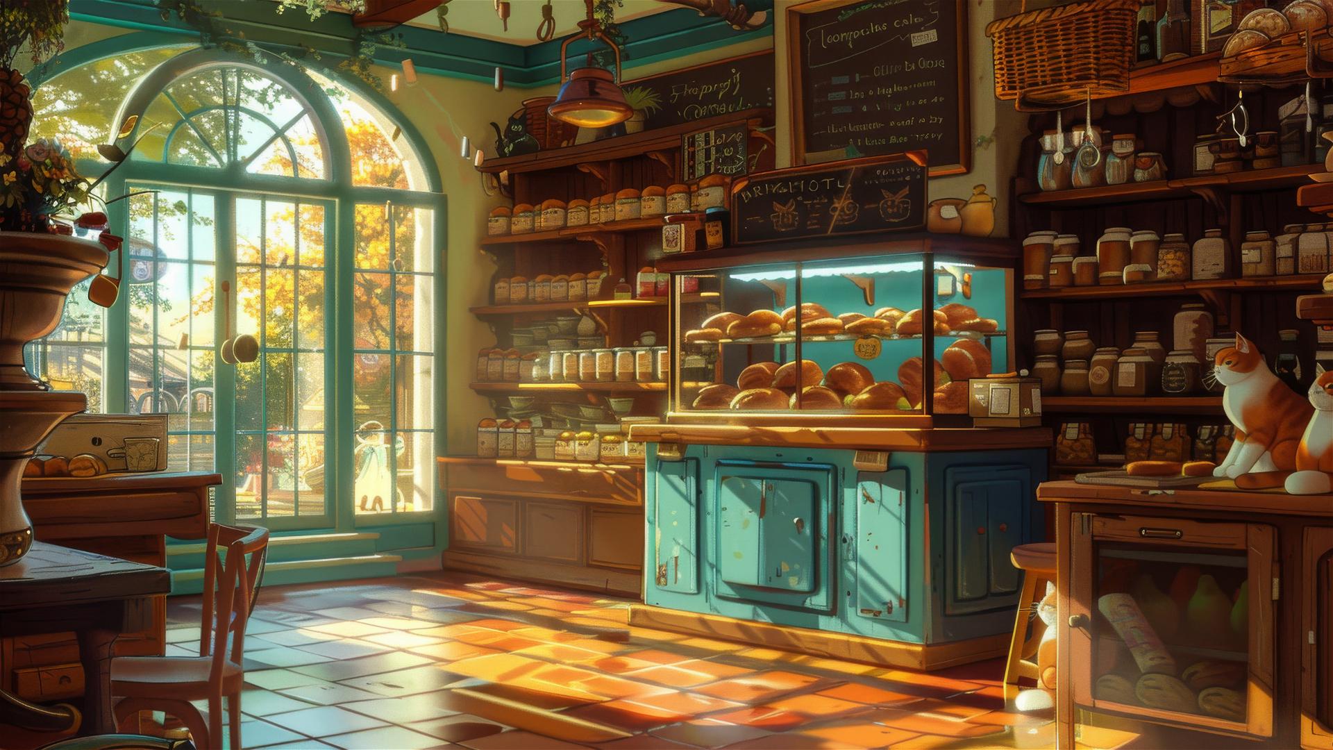 Studio Ghibli-style bakery with cats by sunlit window.