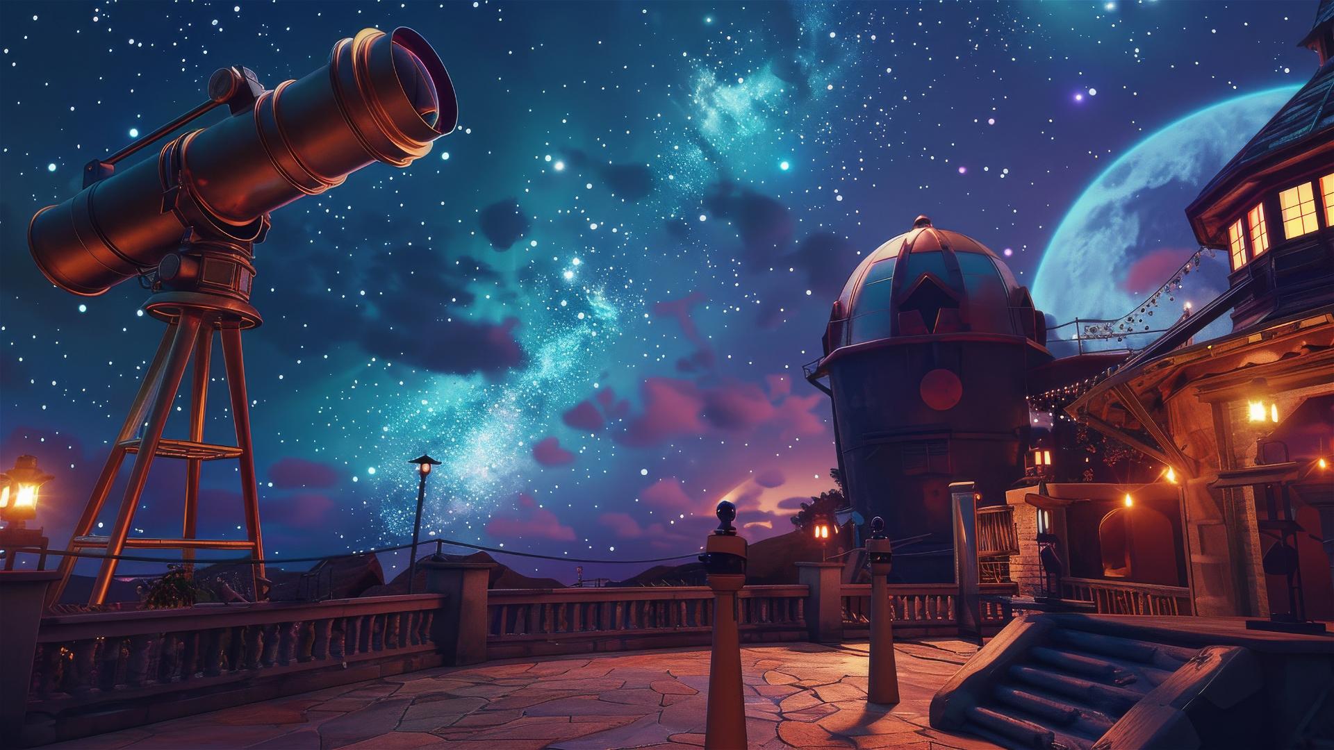 Ghibli-inspired observatory with telescopes and starry skies