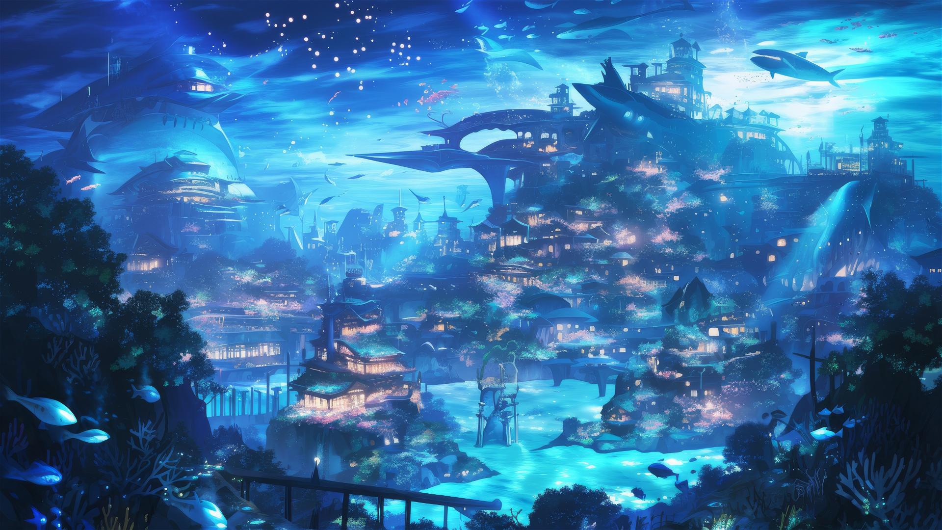 Ghibli-style underwater city with glowing bioluminescence and sea creatures.