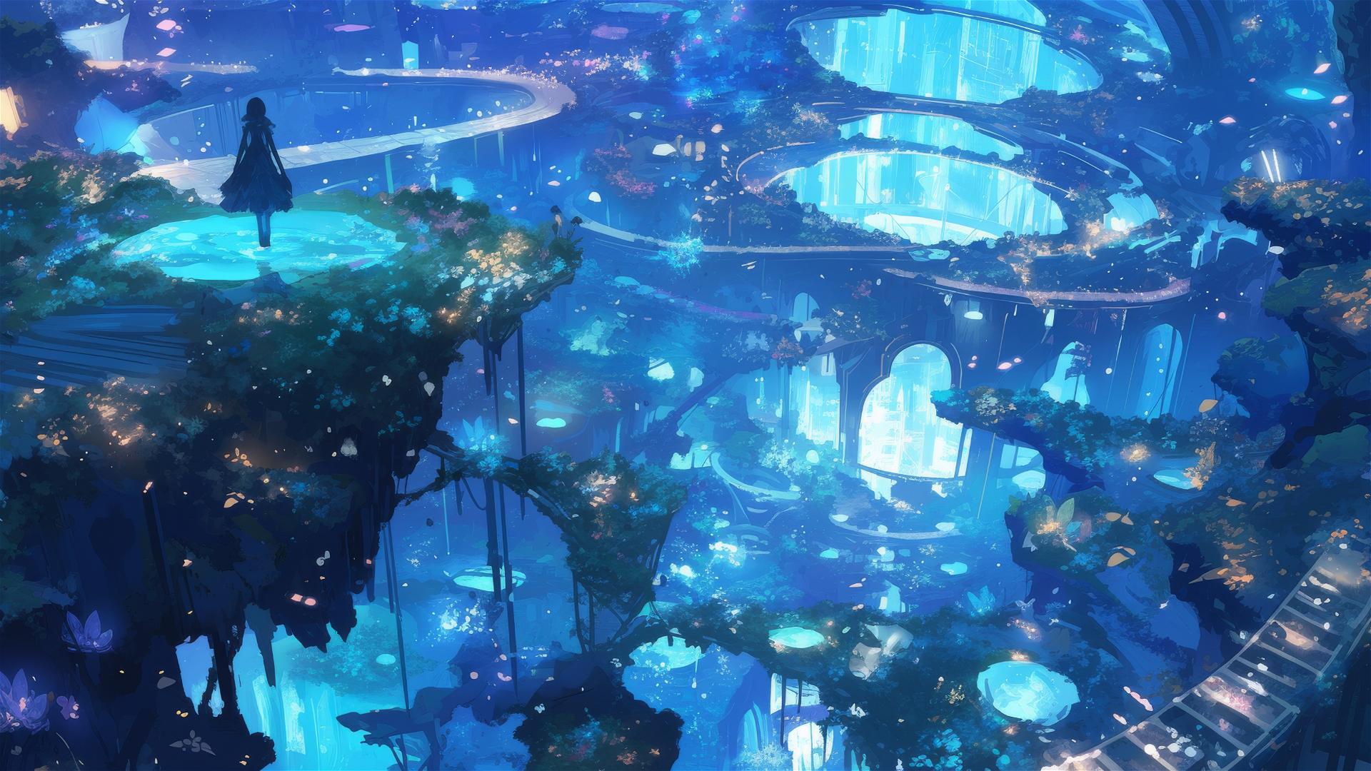Ghibli-style underground city with glowing crystals and mystical beings.