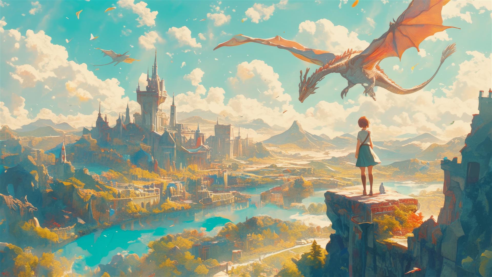 Ghibli-style anime valley with soaring dragons and rising phoenixes.