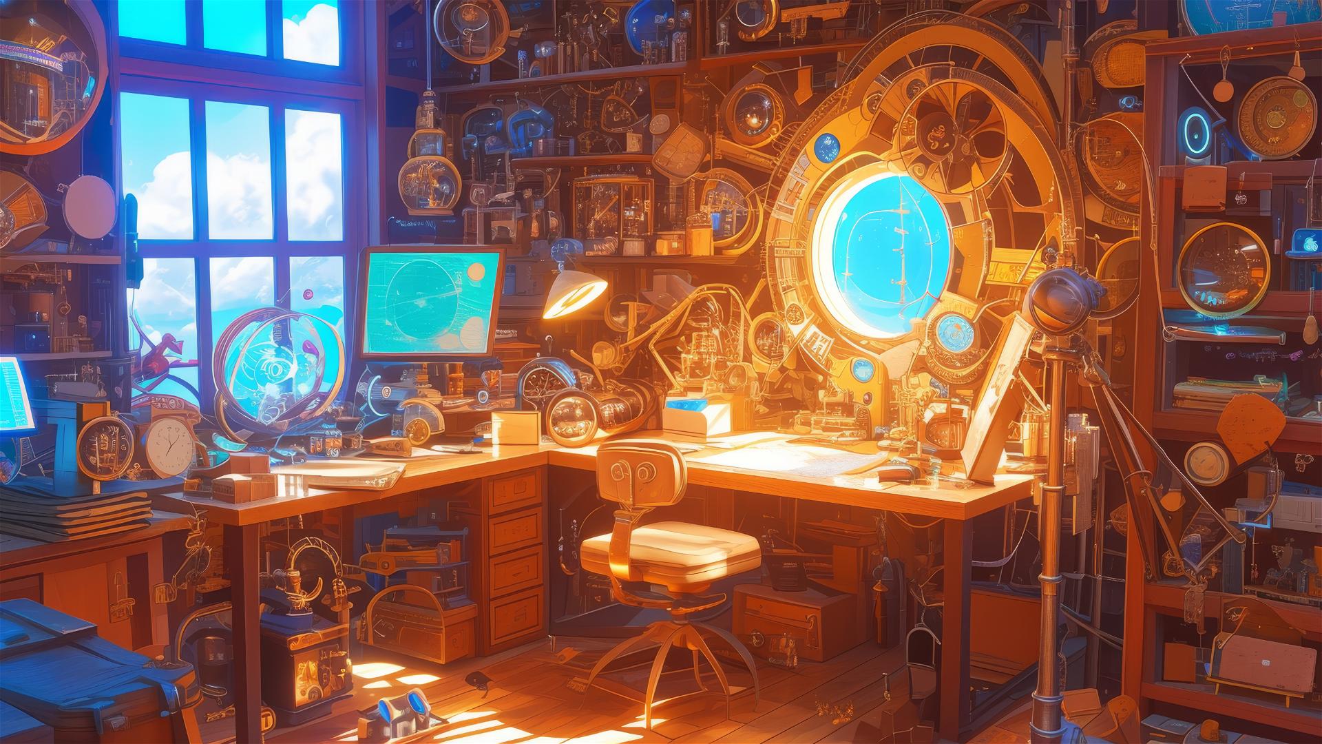 Anime-inspired Ghibli-style workshop with whimsical gadgets.