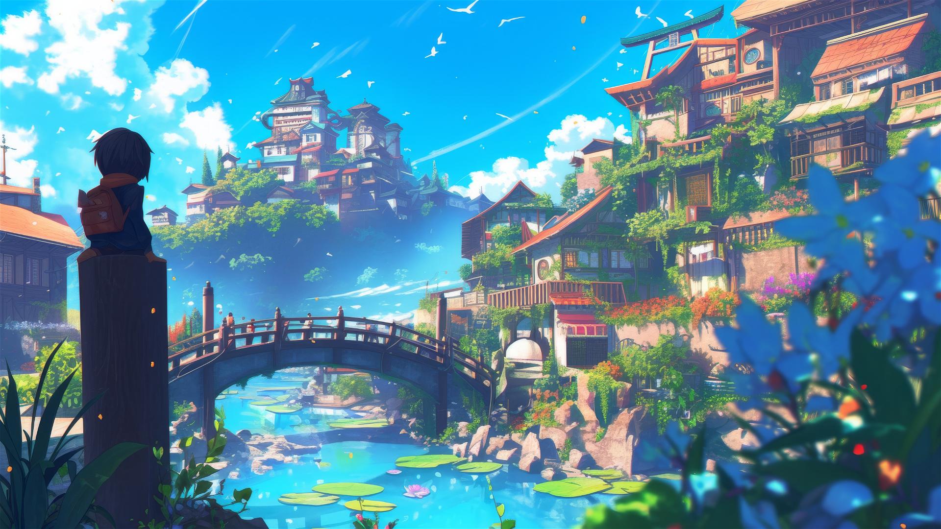 Ghibli-style hidden village with magic portals and ancient traditions.
