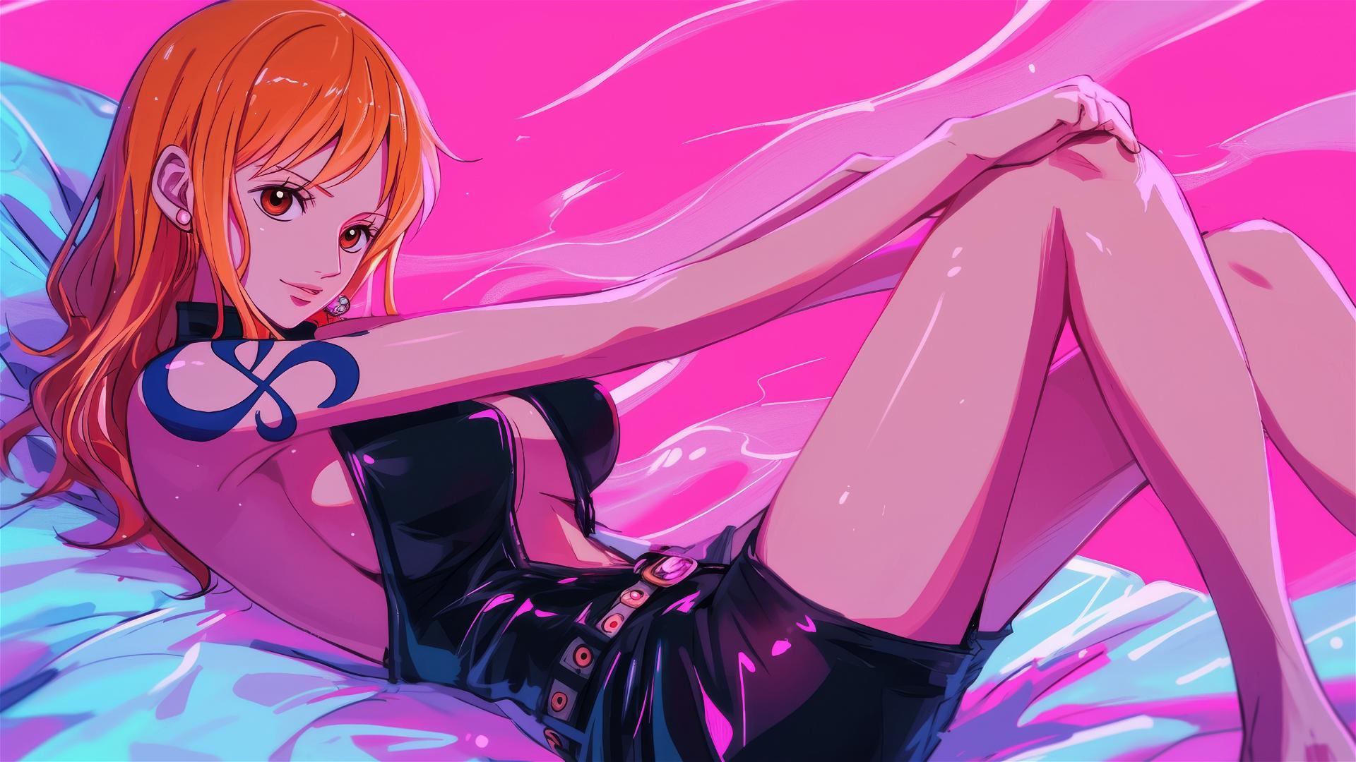 Nami from One Piece in black and pink leather, with neon glow and air swirls.