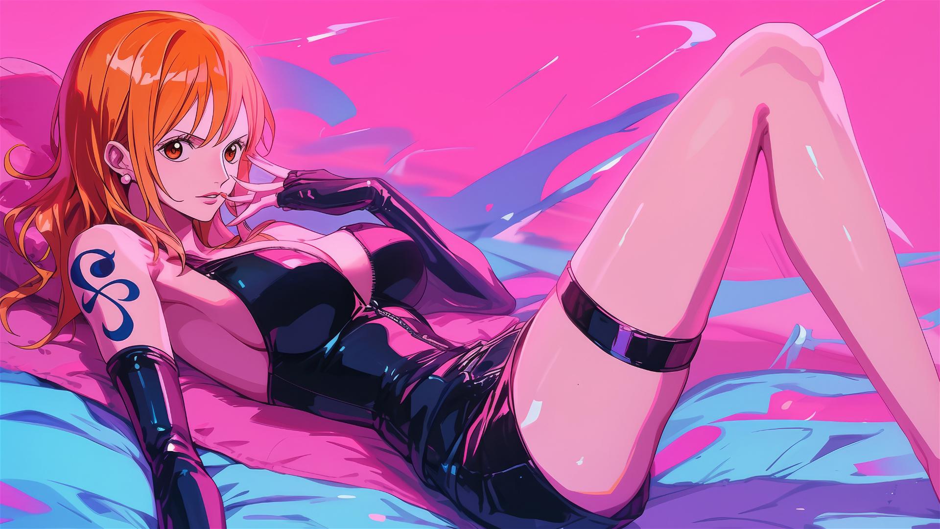 Nami from One Piece in black and pink leather, with neon glow and air swirls.