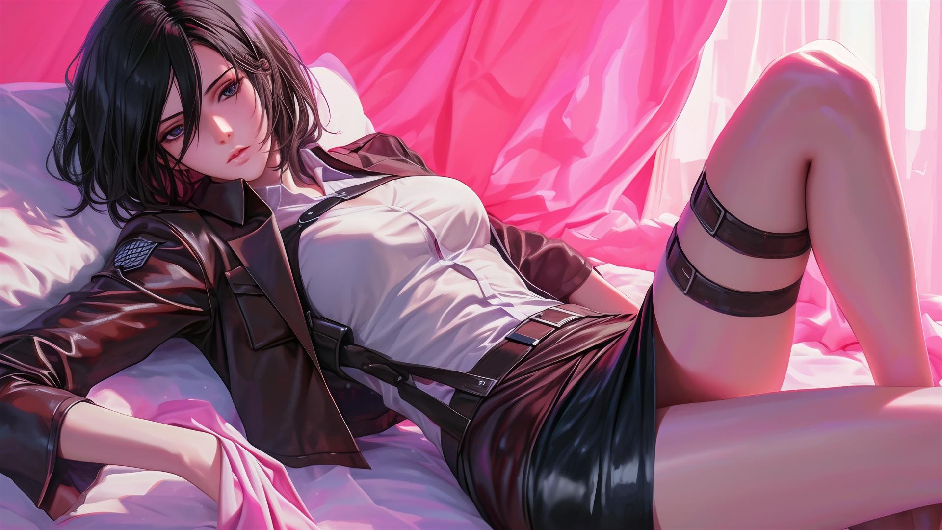 Mikasa Ackerman lounging in neon-lit attire, hyper-realistic anime style.
