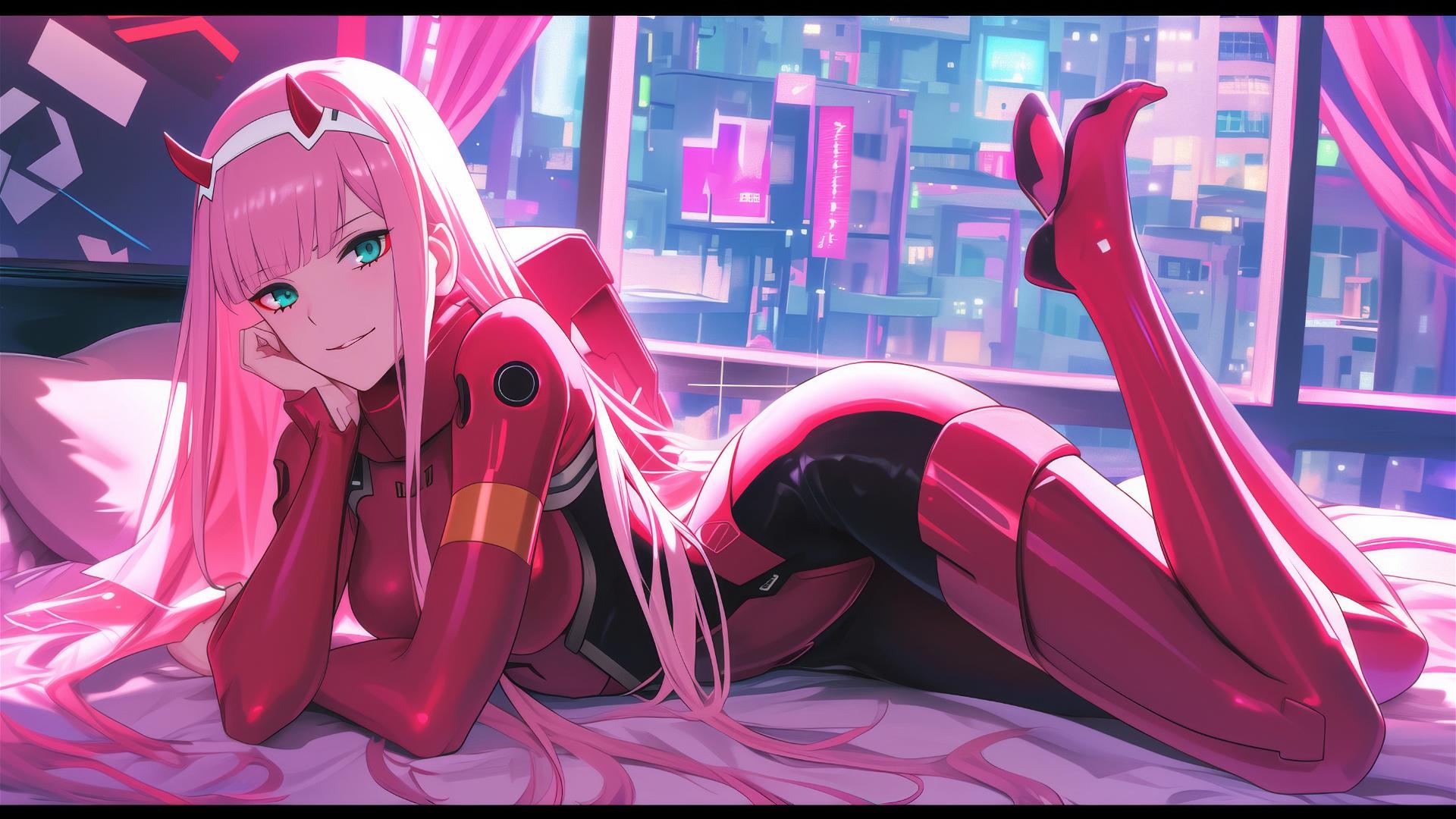 Zero Two lounging in neon-lit black and pink leather attire.
