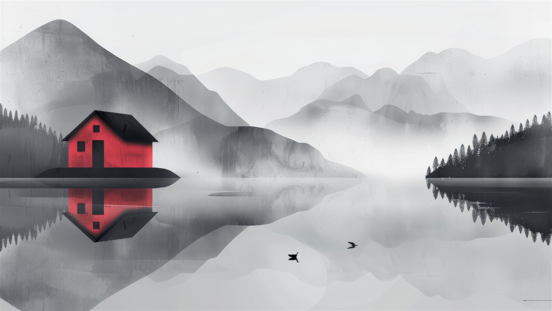 Minimalist red house in misty mountains with lake reflection