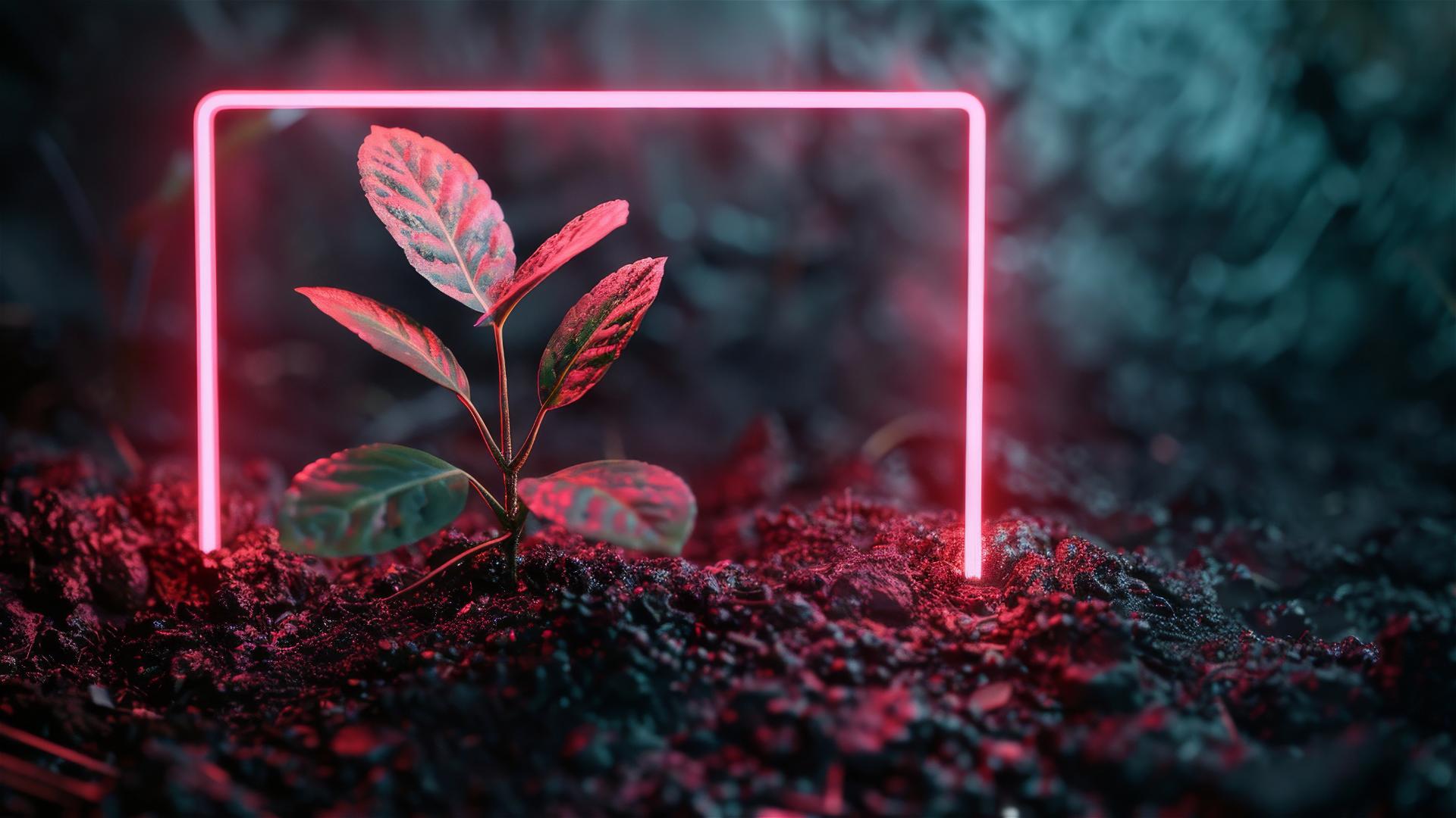 Seedling at bottom on light black background with neon frame.