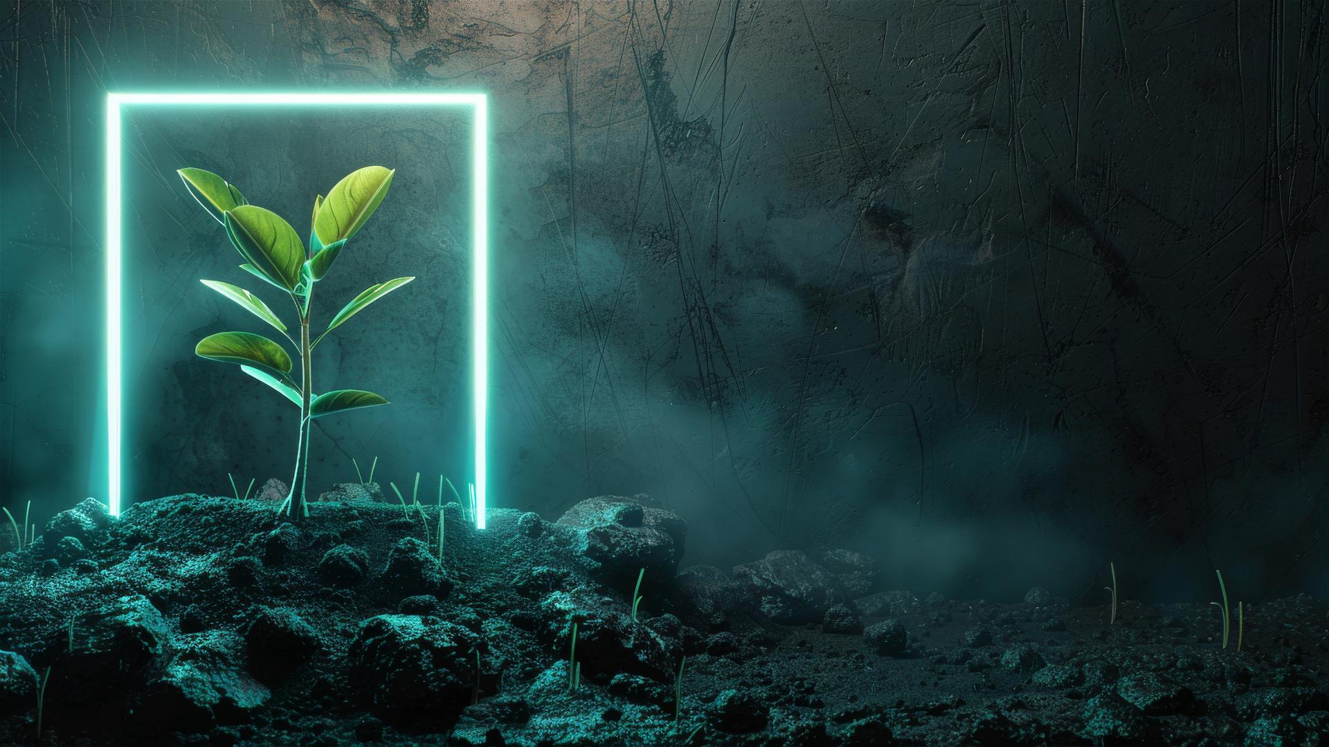 Seedling at bottom on light black background with neon frame.