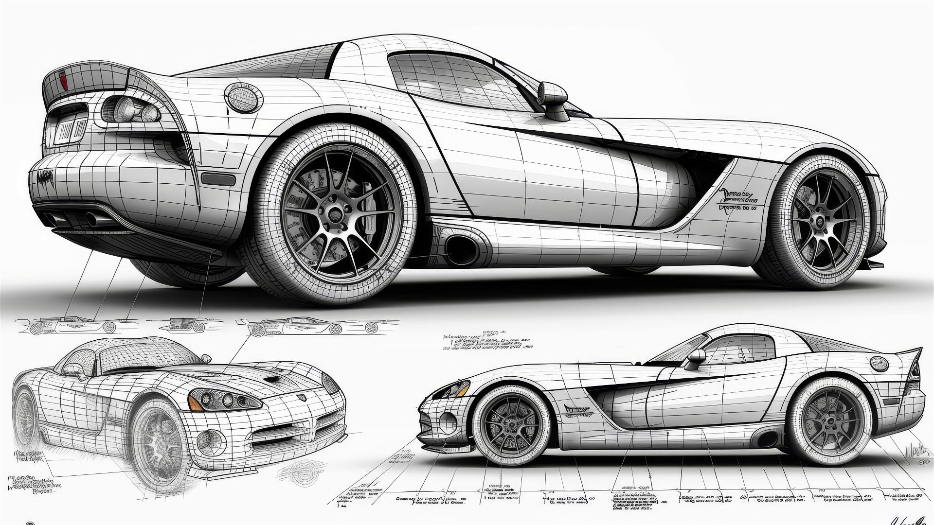 Black and white Dodge Viper blueprint and front view sketches