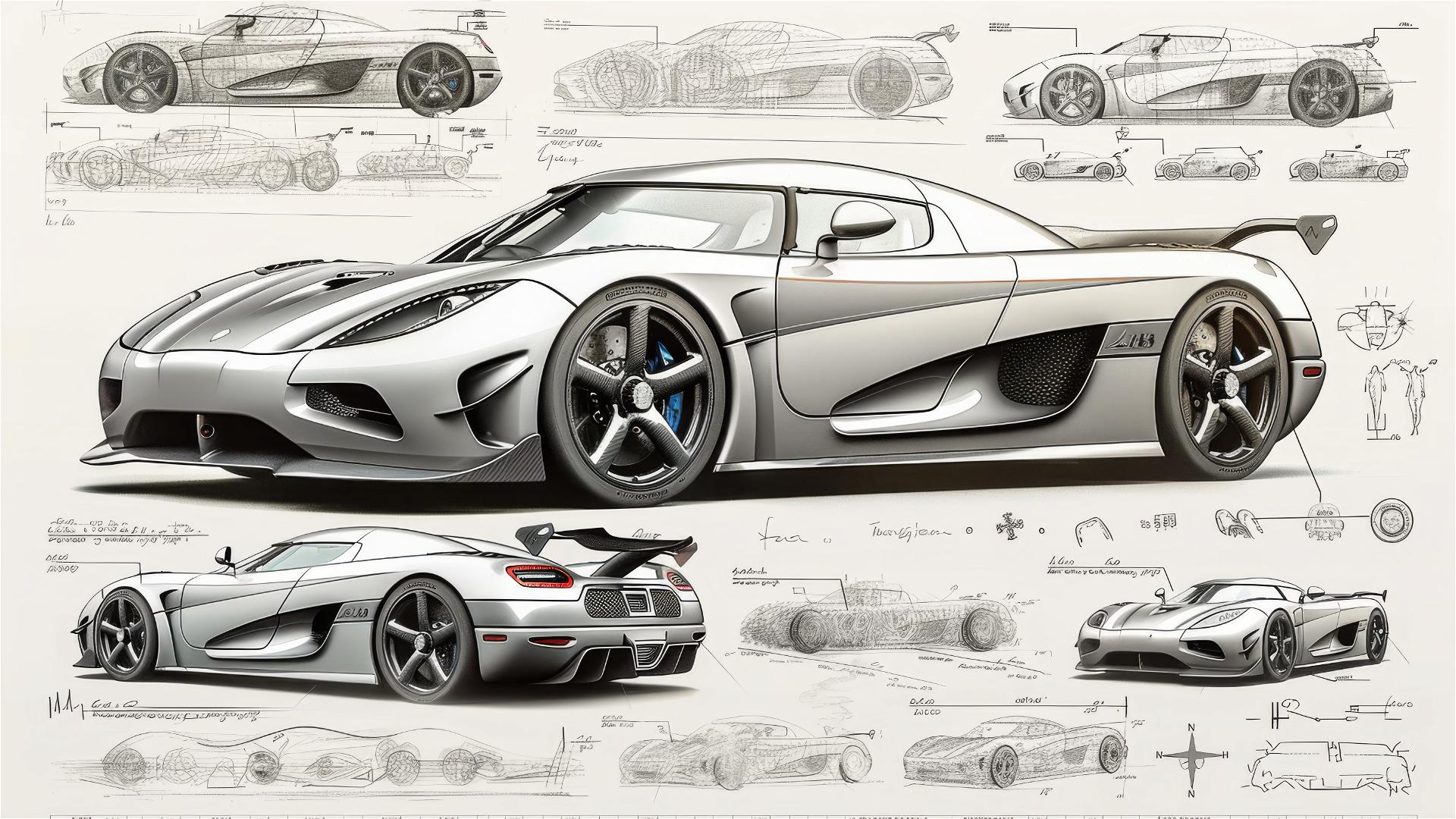 Black and white blueprint and sketch of Koenigsegg Agera