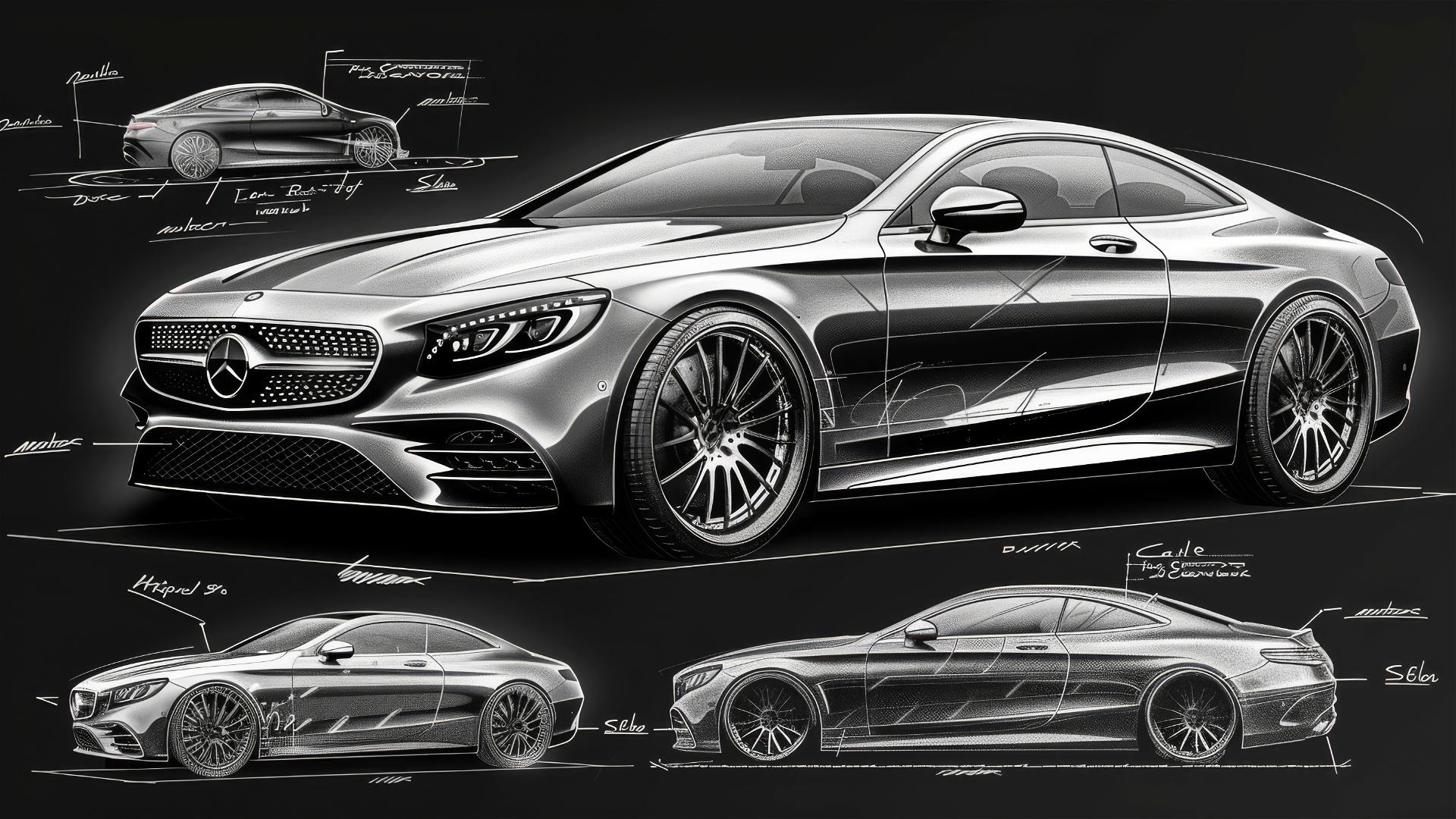 Black and white blueprint and sketch of Mercedes S Coupe, front 3/4 view.