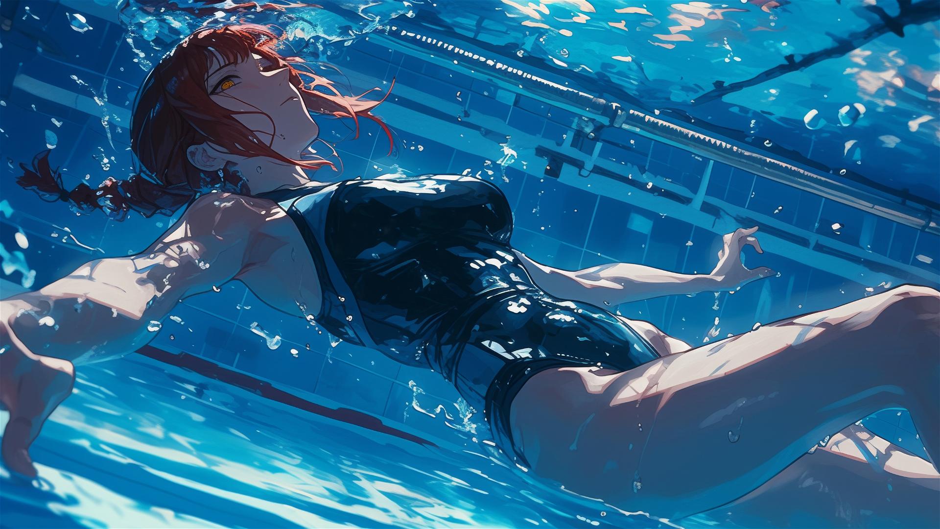 Makima from Chainsaw Man swimming in pool under moonlight