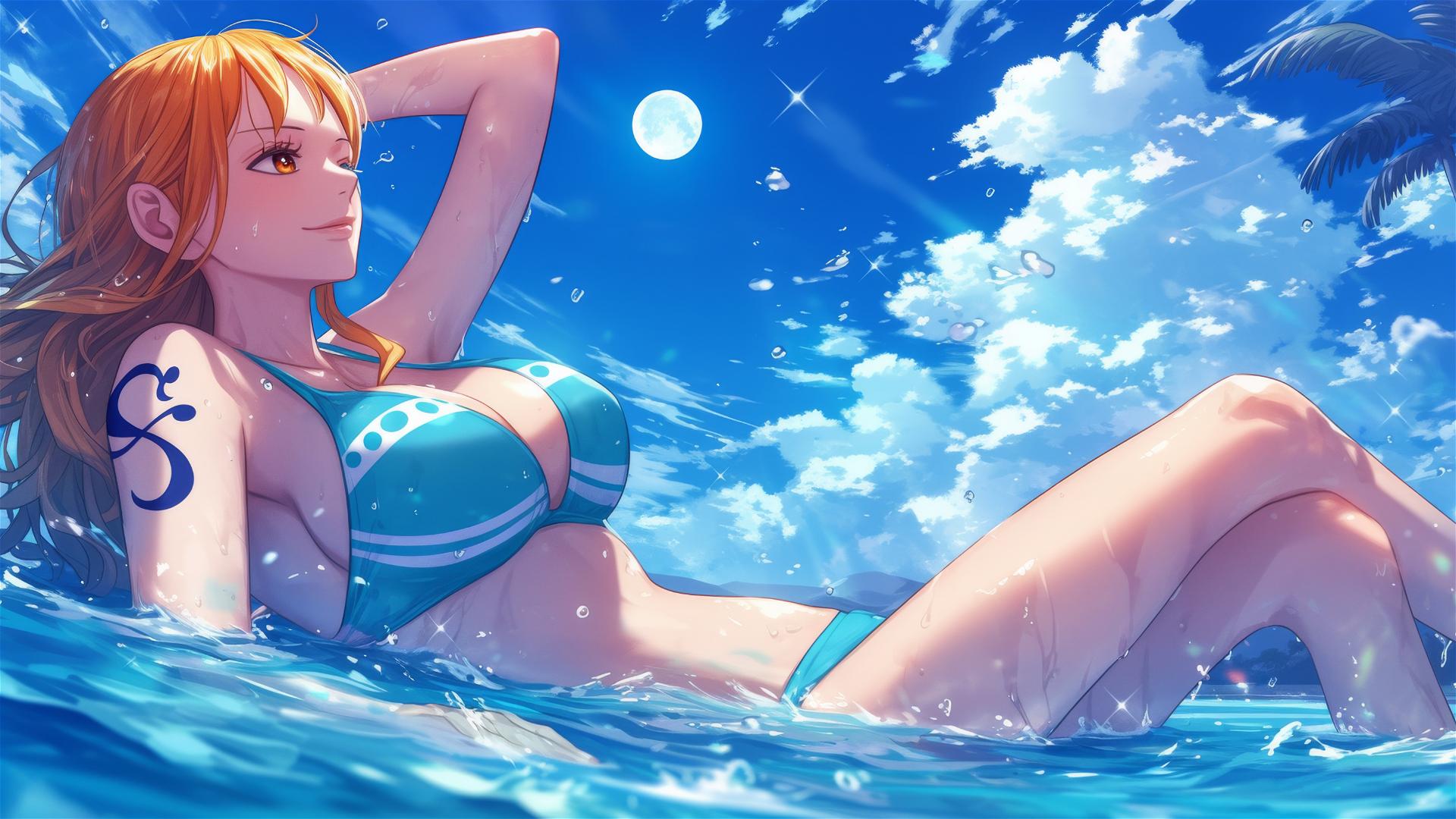 Nami from One Piece swimming in a pool under moonlight