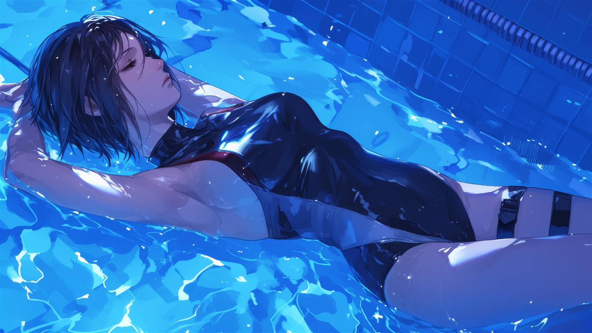 Mikasa Ackerman swimming under moonlight in a pool