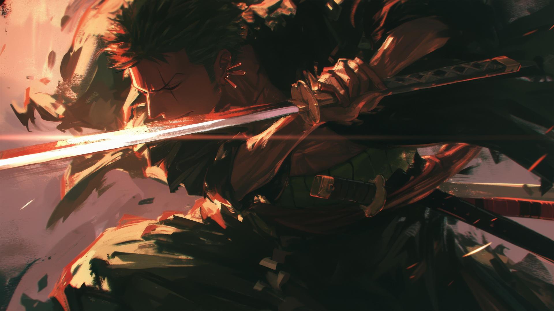 Roronoa Zoro in a dark alley with sword light