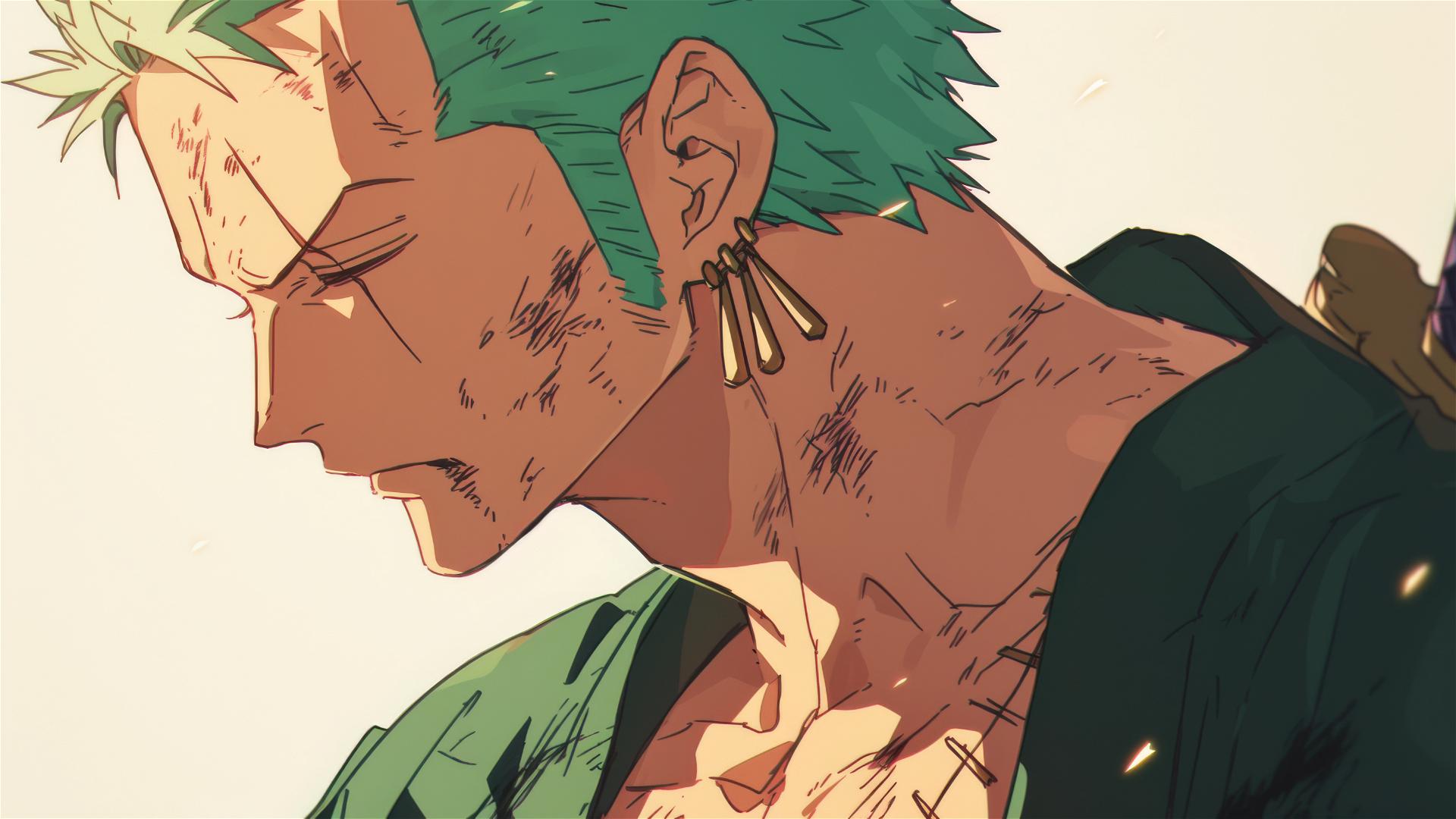 Roronoa Zoro looking over the shoulder at a battlefield in One Piece
