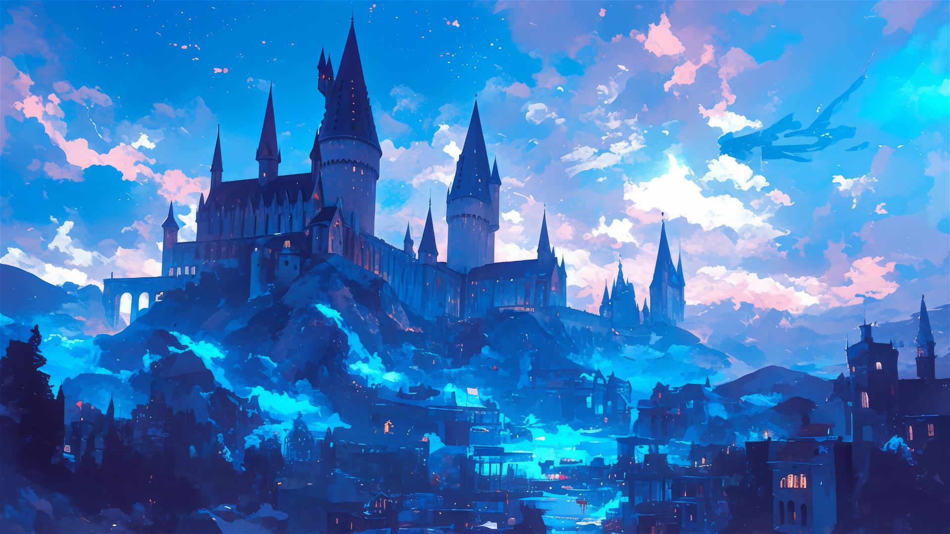 Ghibli-style Hogwarts at night under stars