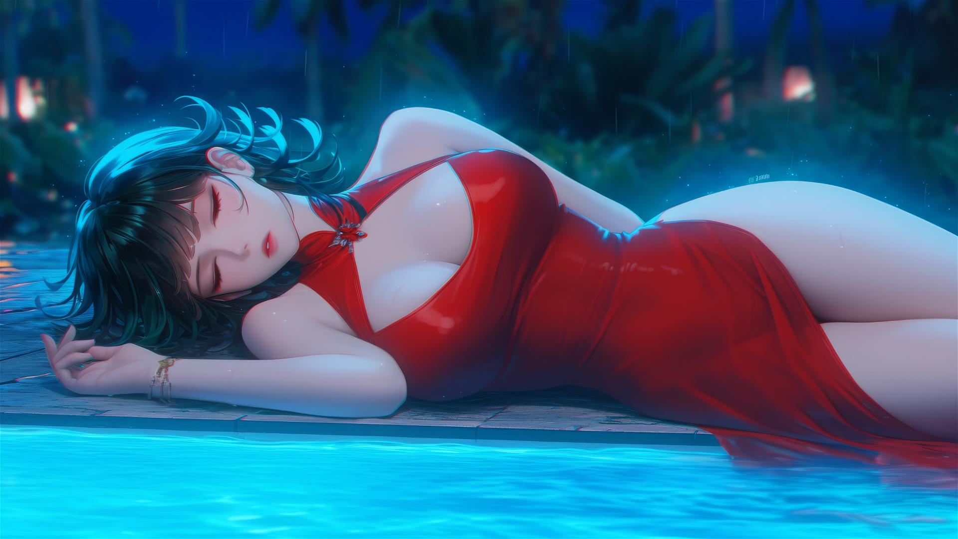 Tatsumaki from One-Punch Man resting by the pool, moonlit rainy night, red dress