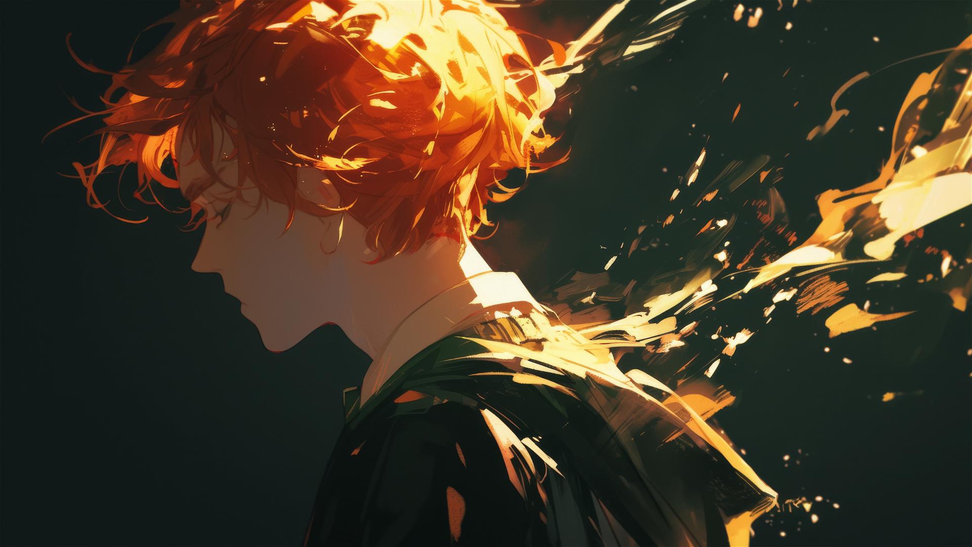 Artistic illustration of Ron Weasley with red hair under spotlight on dark background