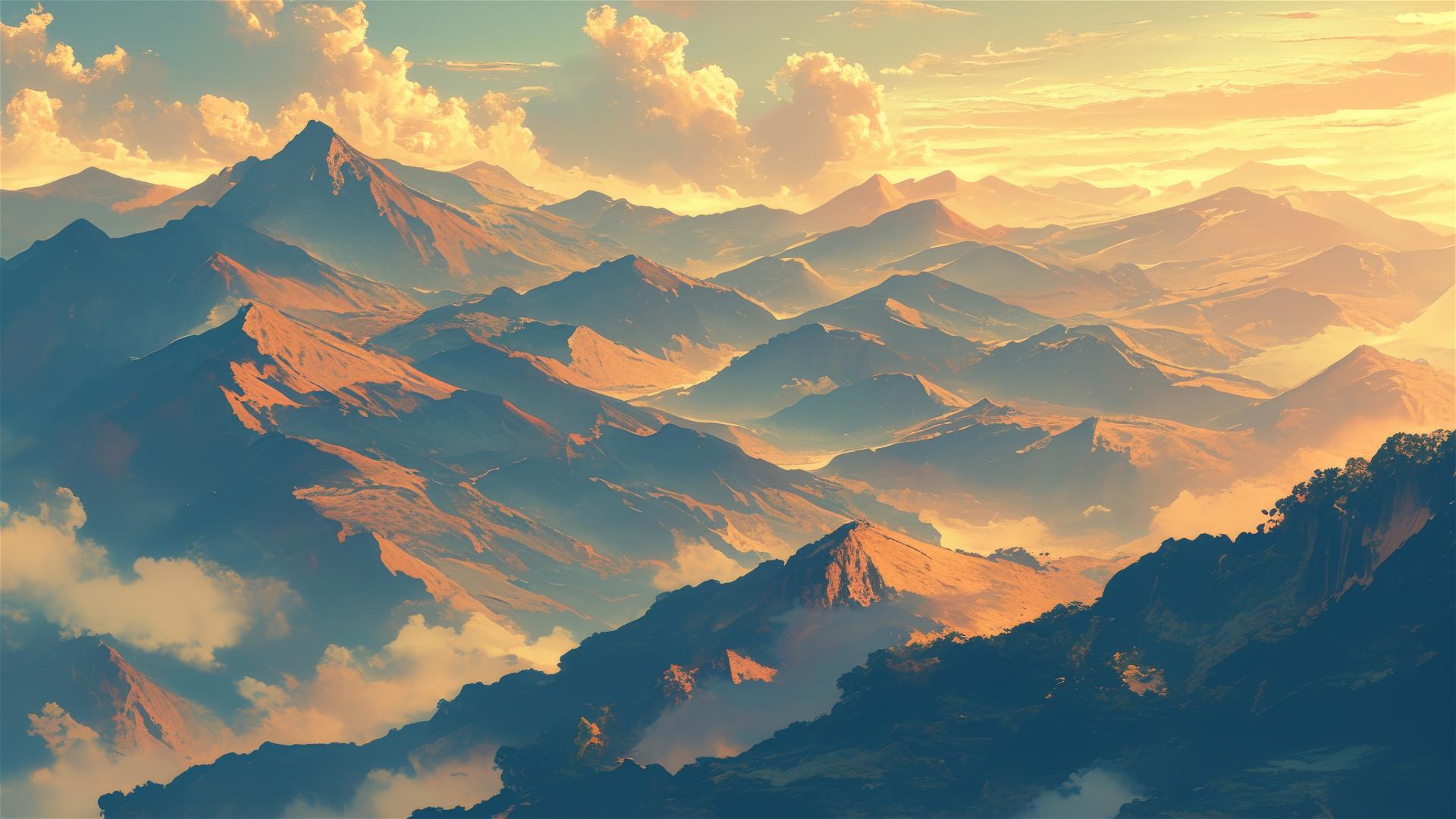 Mountain ridges at sunset casting intricate shadow patterns on the ground