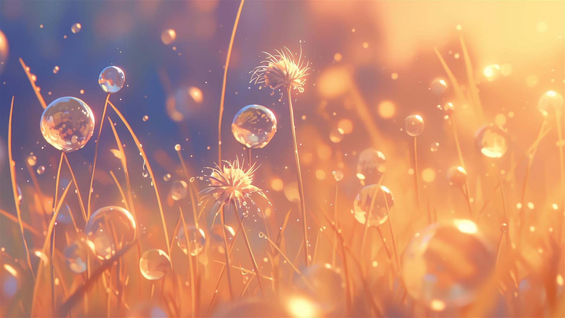 Pearl-like dewdrops glistening in an early sun meadow