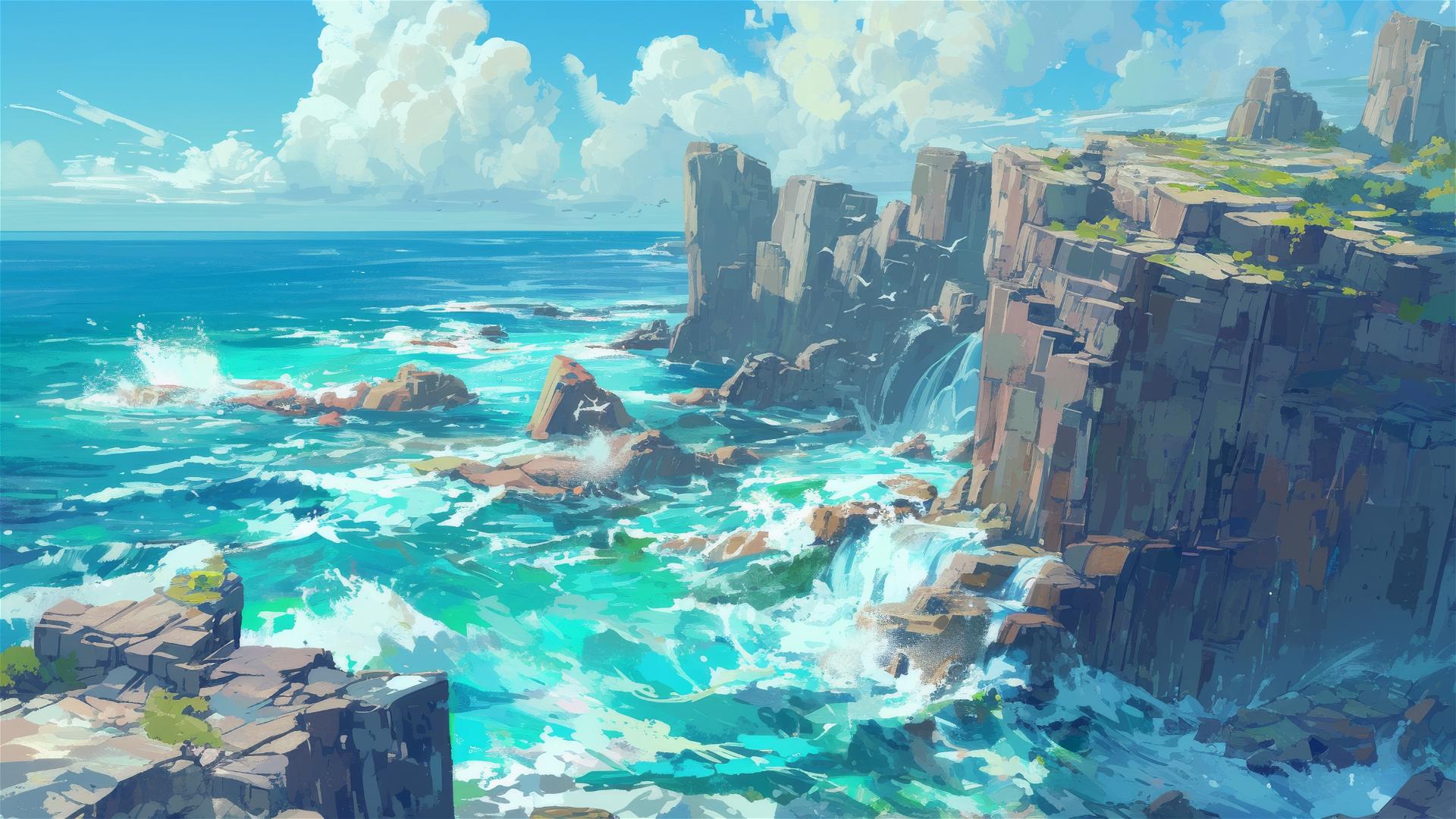 Waves crashing on piano key-shaped rocks creating natural music